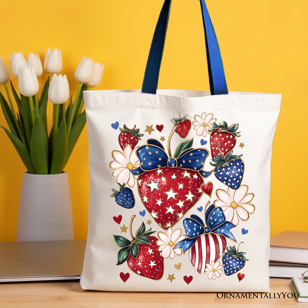 Patriotic Strawberries Tote Bag Red Handle | Ashley Stewart