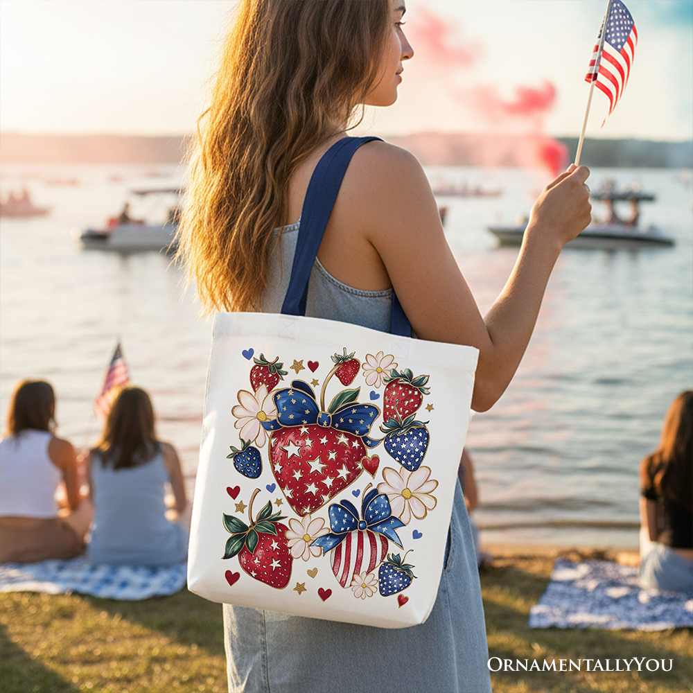 Patriotic Strawberries Tote Bag Red Handle | Ashley Stewart