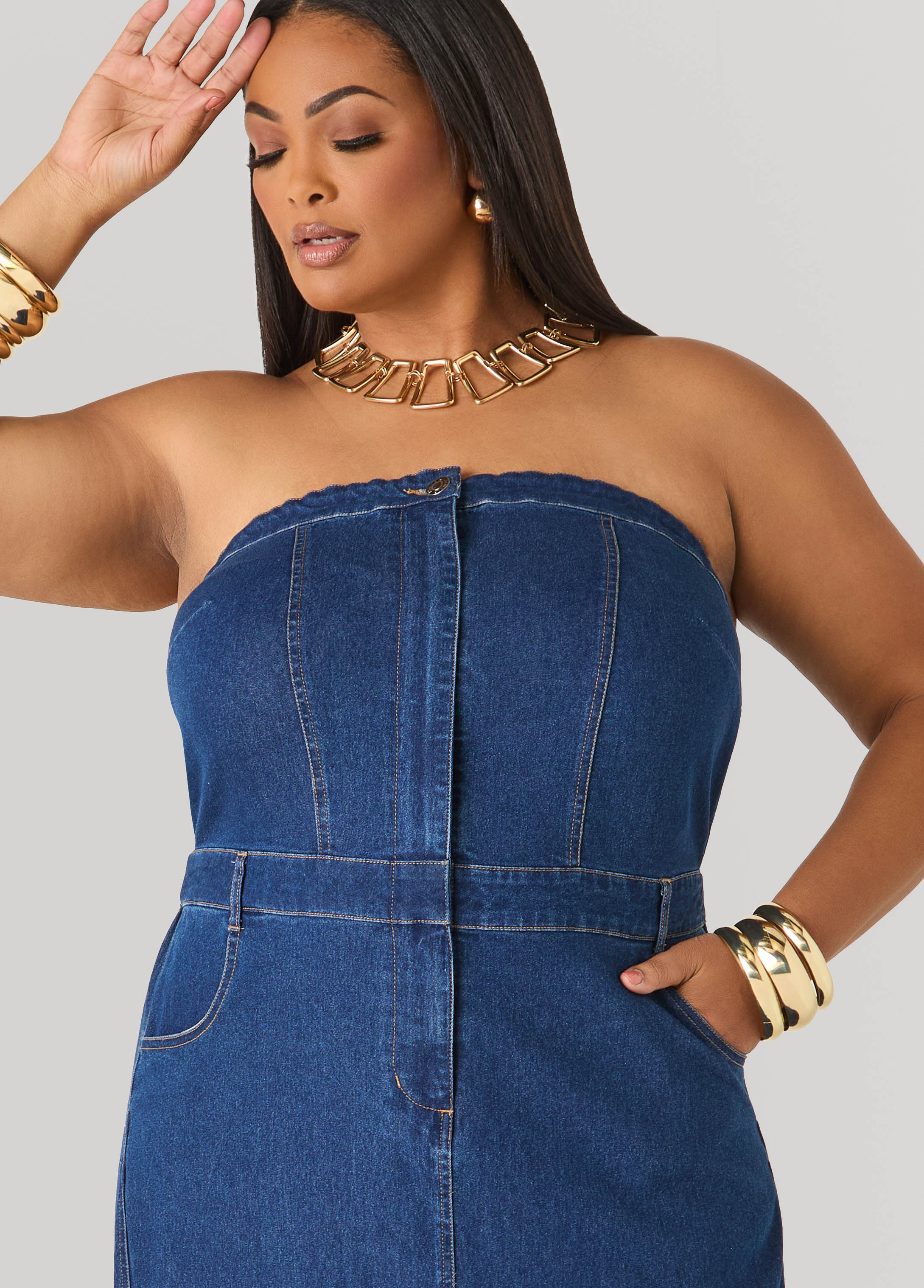 Tall Strapless Denim Paneled Maxi Dress Indigo | Ashley Stewart