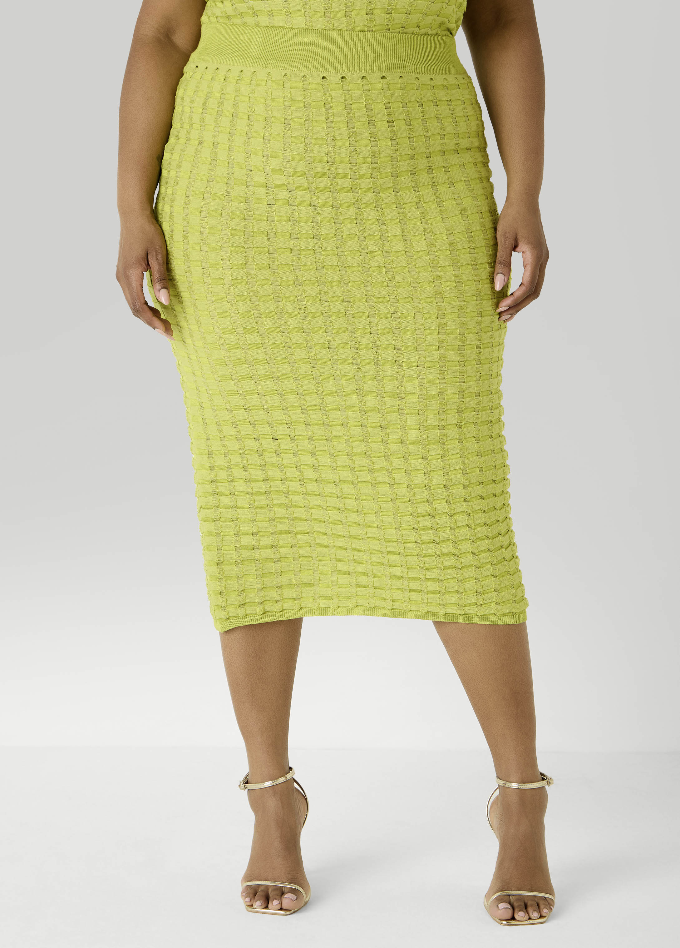 Textured Checked Midi Skirt Apple Green | Ashley Stewart