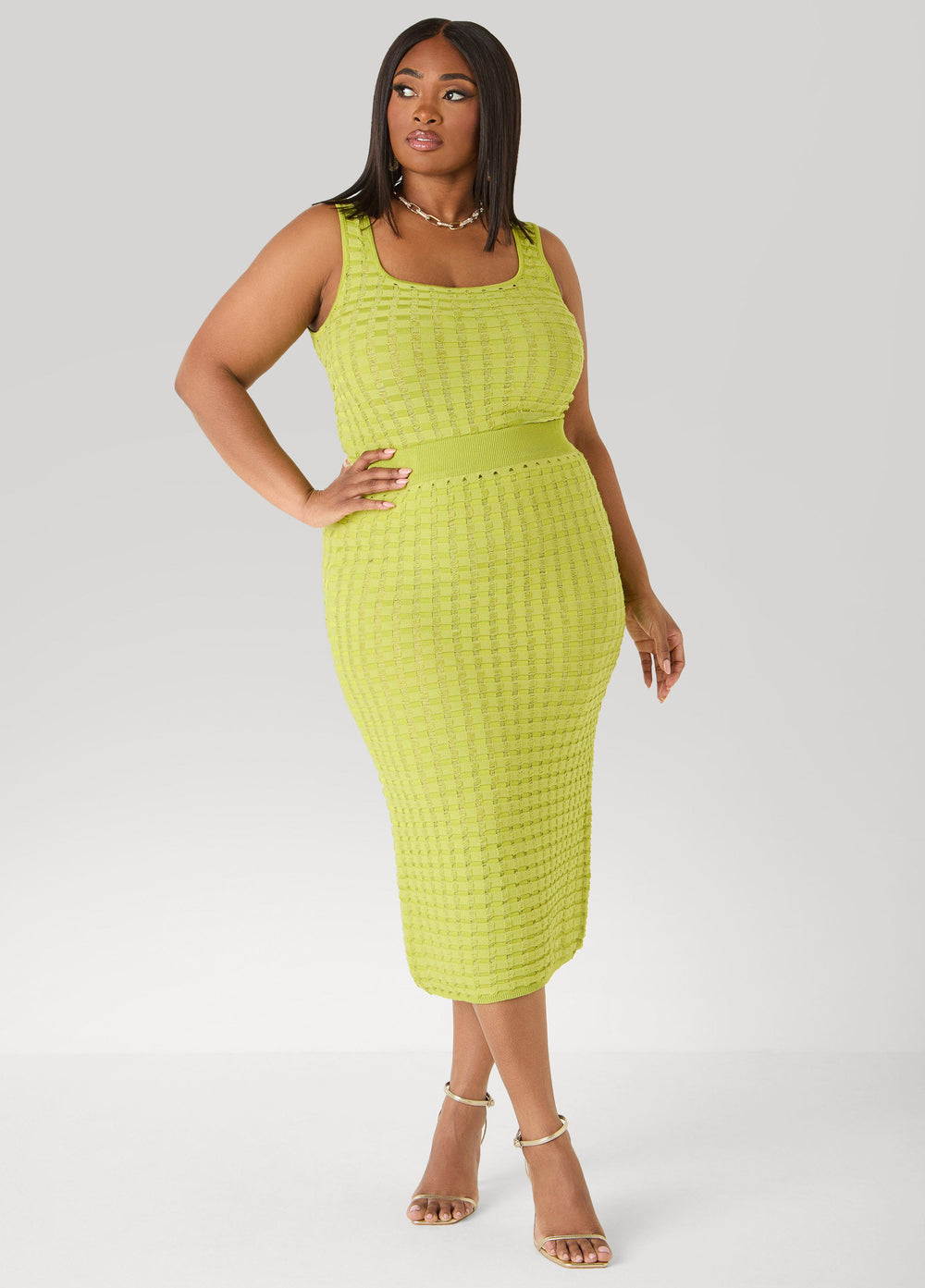 Textured Checked Midi Skirt Apple Green | Ashley Stewart