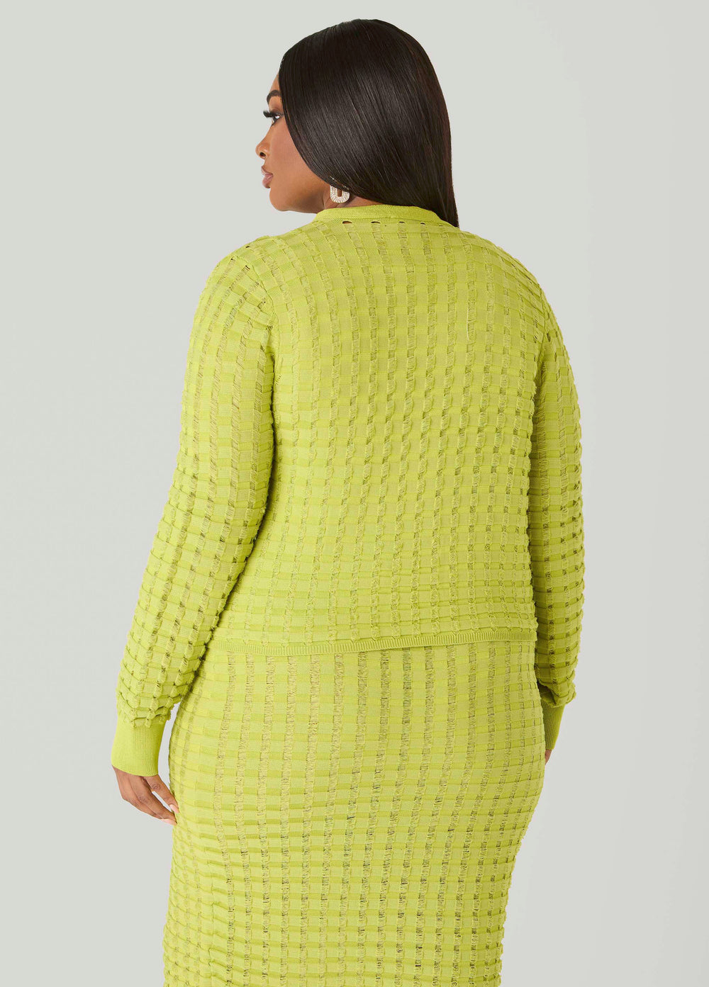 Textured Knit Checked Cardigan Apple Green | Ashley Stewart