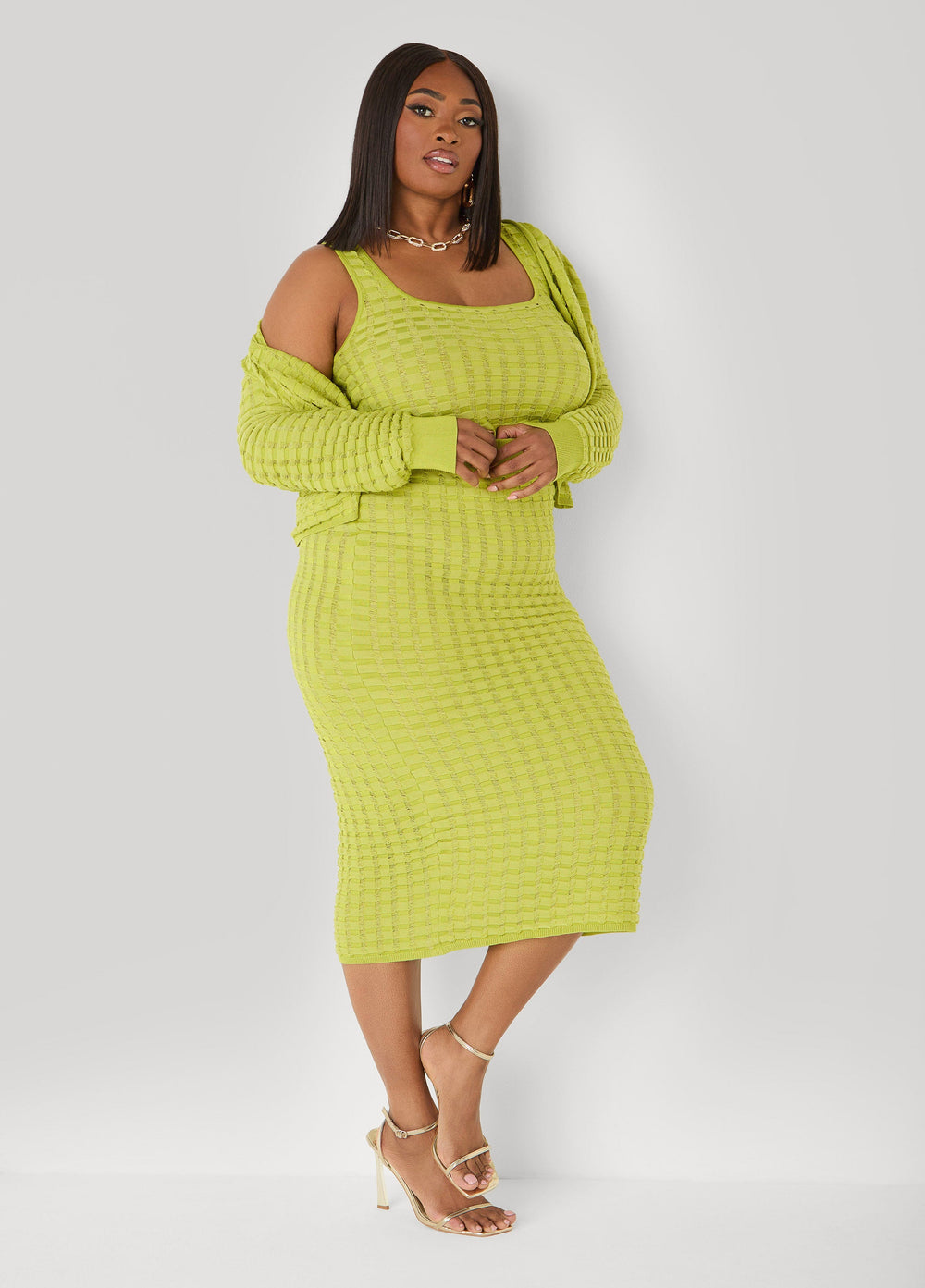 Textured Knit Checked Cardigan Apple Green | Ashley Stewart