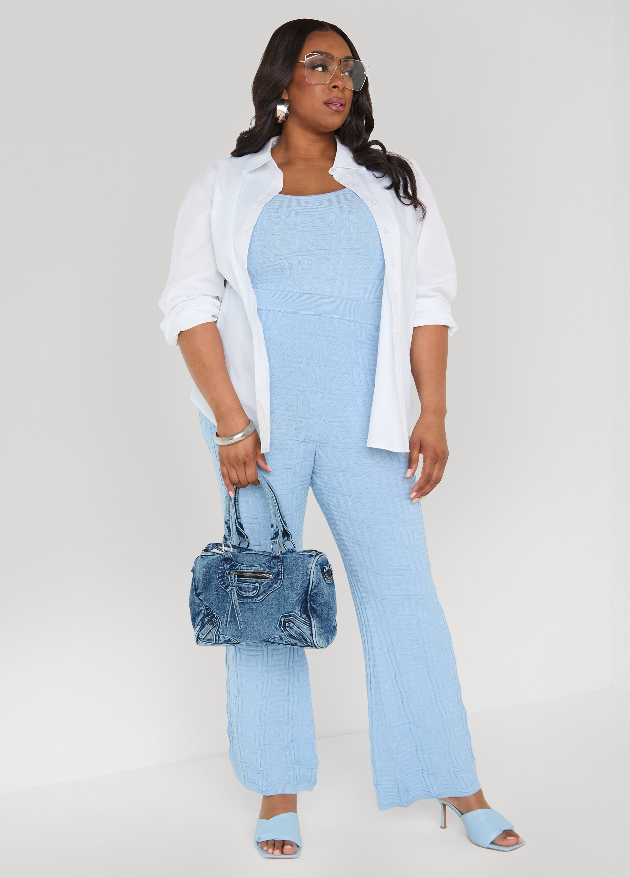 Jacquard Knit Flared Pants POWDER BLUE | Ashley Stewart