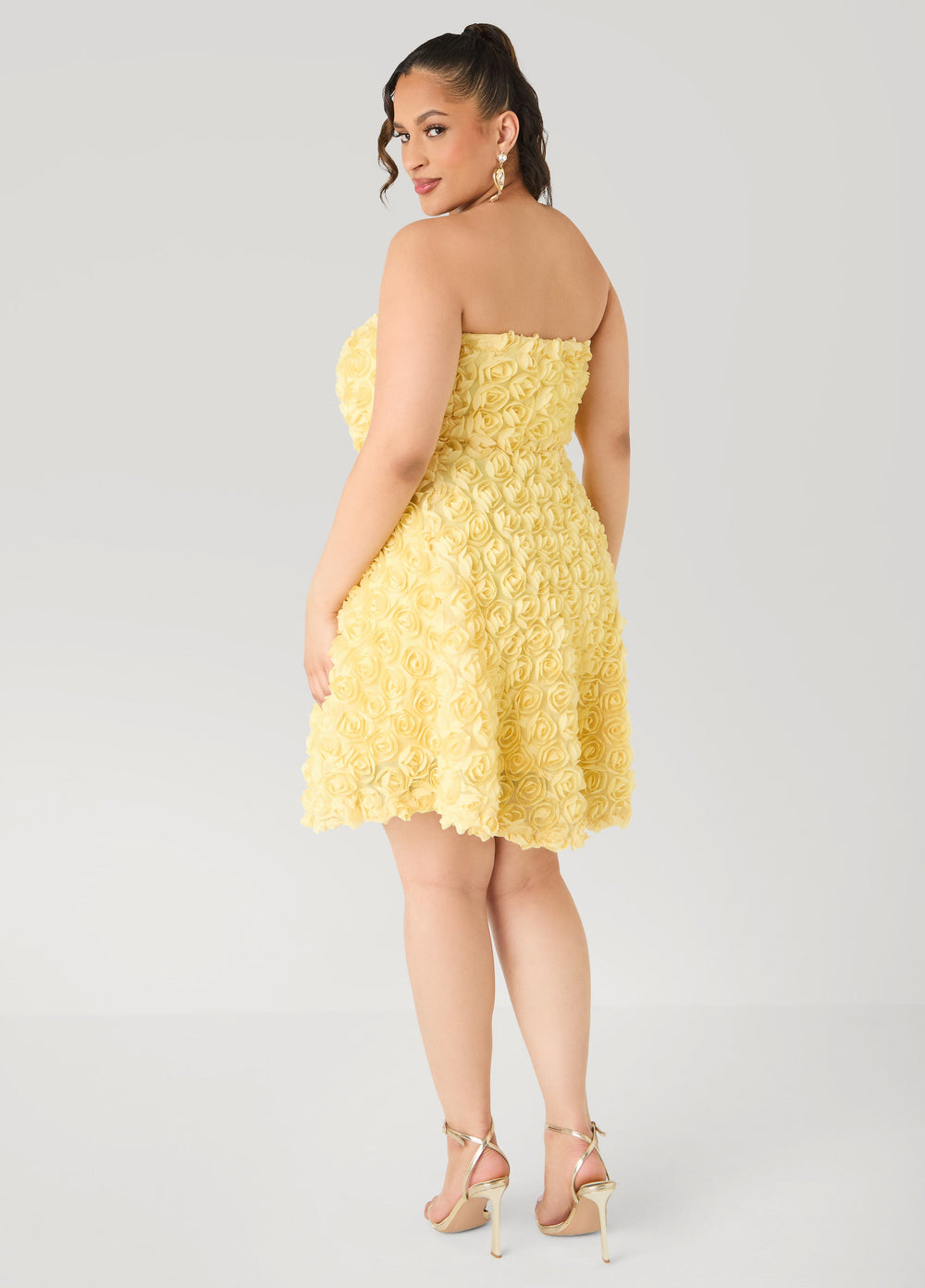Strapless Rosette A Line Dress Yellow | Ashley Stewart