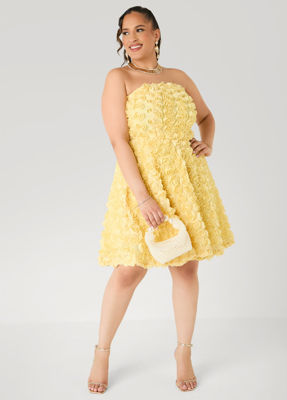 Strapless Rosette A Line Dress Yellow | Ashley Stewart