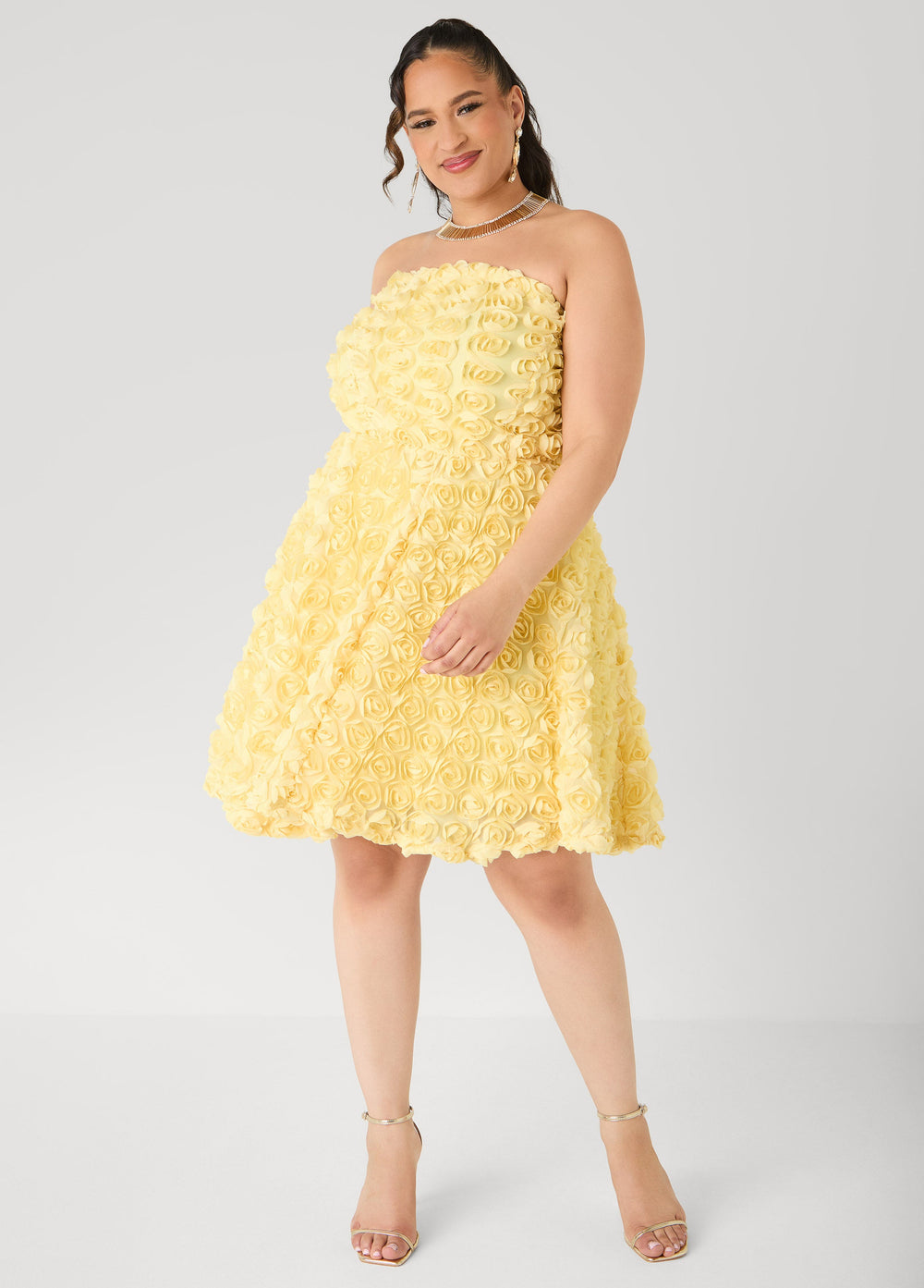 Strapless Rosette A Line Dress Yellow | Ashley Stewart