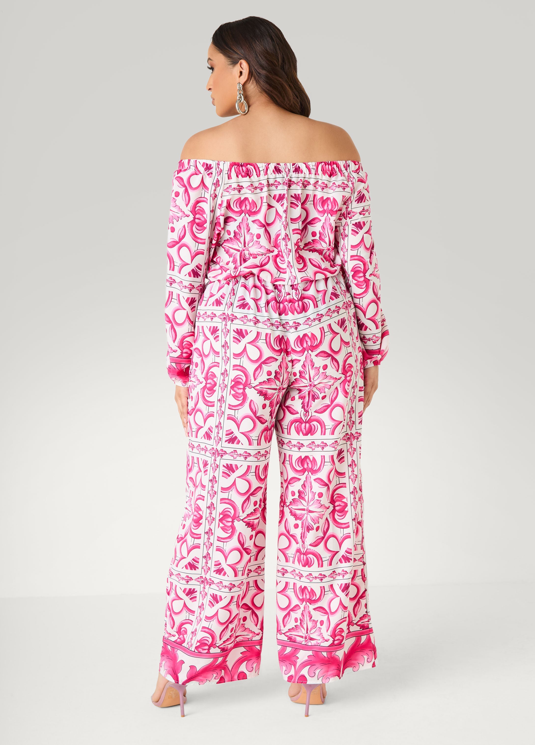 Off The Shoulder Floral Jumpsuit Fandango Pink | Ashley Stewart