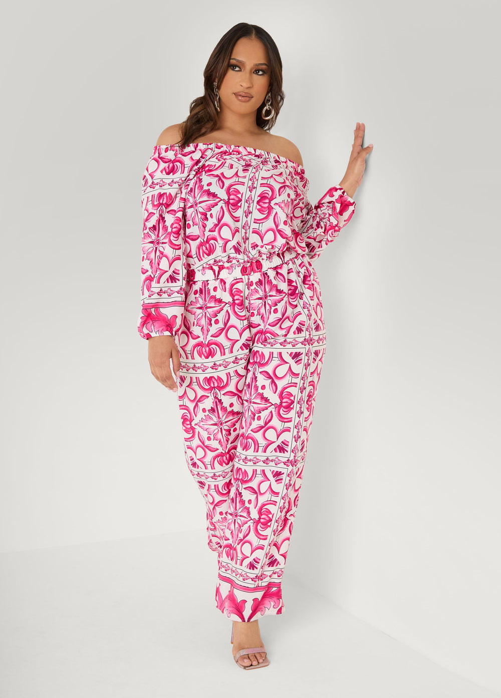 Off The Shoulder Floral Jumpsuit Fandango Pink | Ashley Stewart
