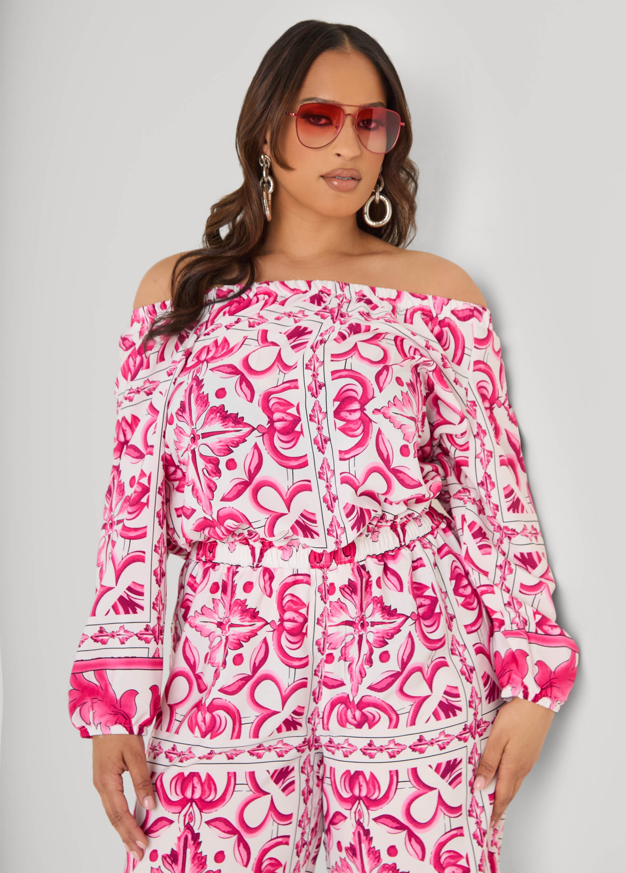 Off The Shoulder Floral Jumpsuit Fandango Pink | Ashley Stewart