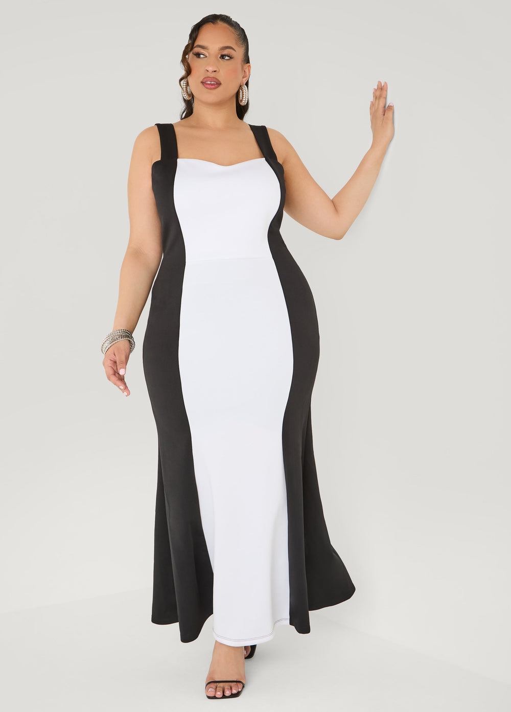 Two Tone Mermaid Maxi Dress Black White | Ashley Stewart