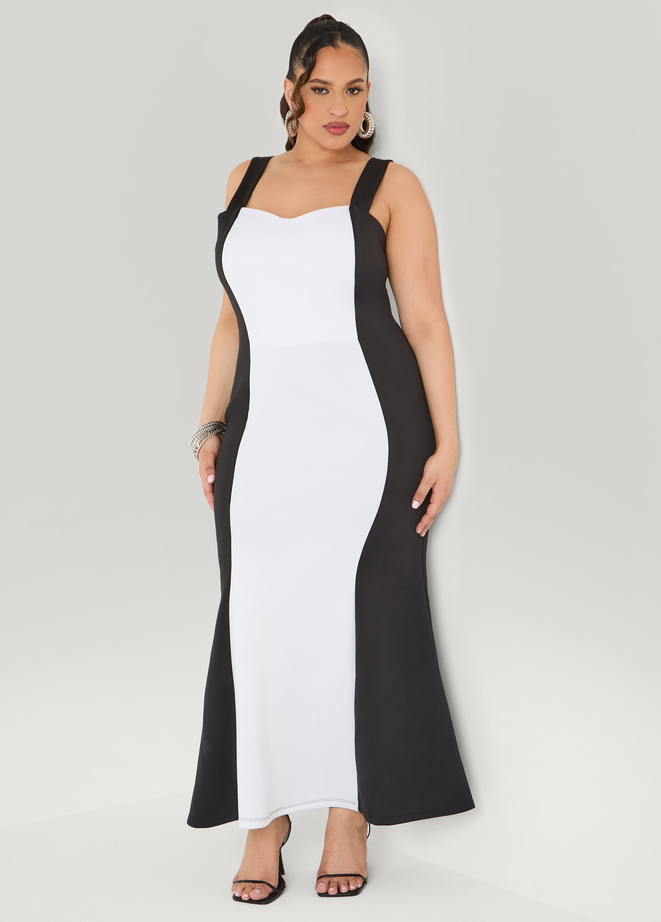 Two Tone Mermaid Maxi Dress Black White | Ashley Stewart