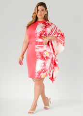 Paneled Floral Satin Dress Calypso Coral | Ashley Stewart
