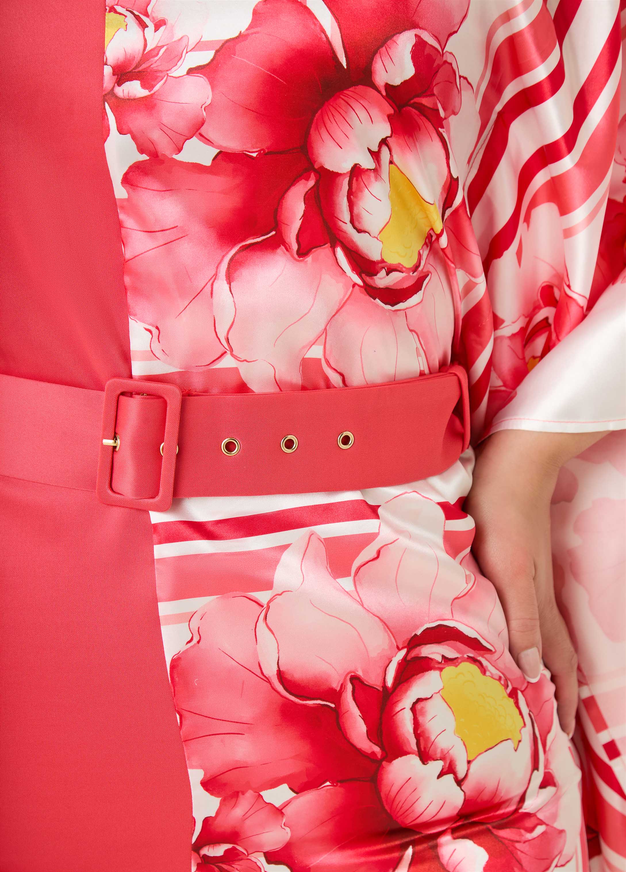 Paneled Floral Satin Dress Calypso Coral | Ashley Stewart