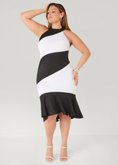 Two Tone High Neck Midi Dress Black White | Ashley Stewart