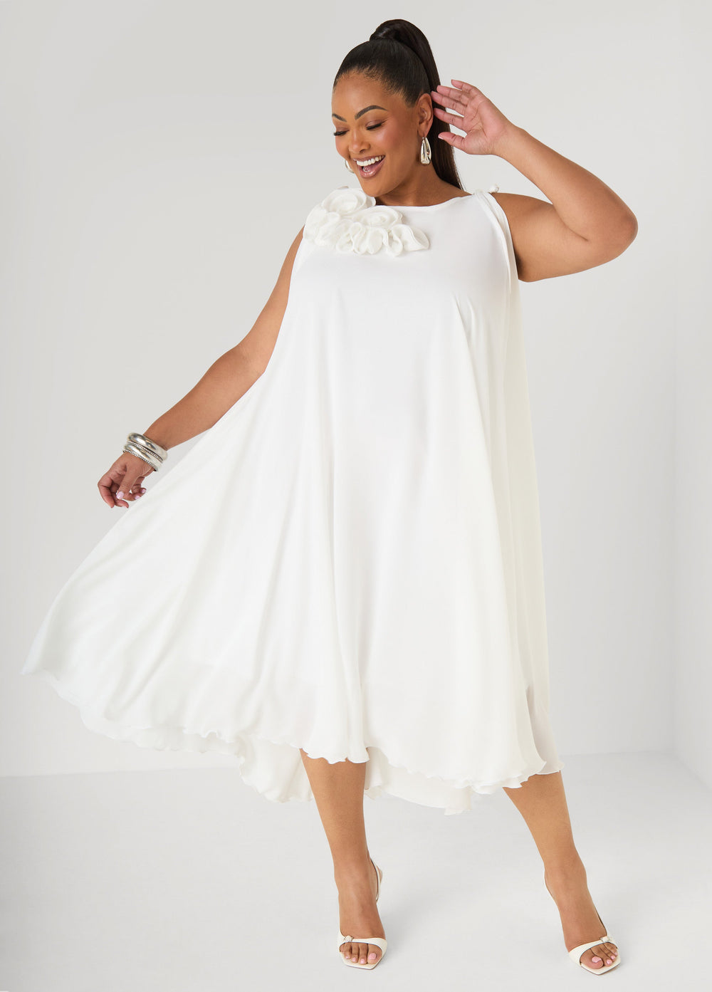 Rosette Midi Dress White | Ashley Stewart