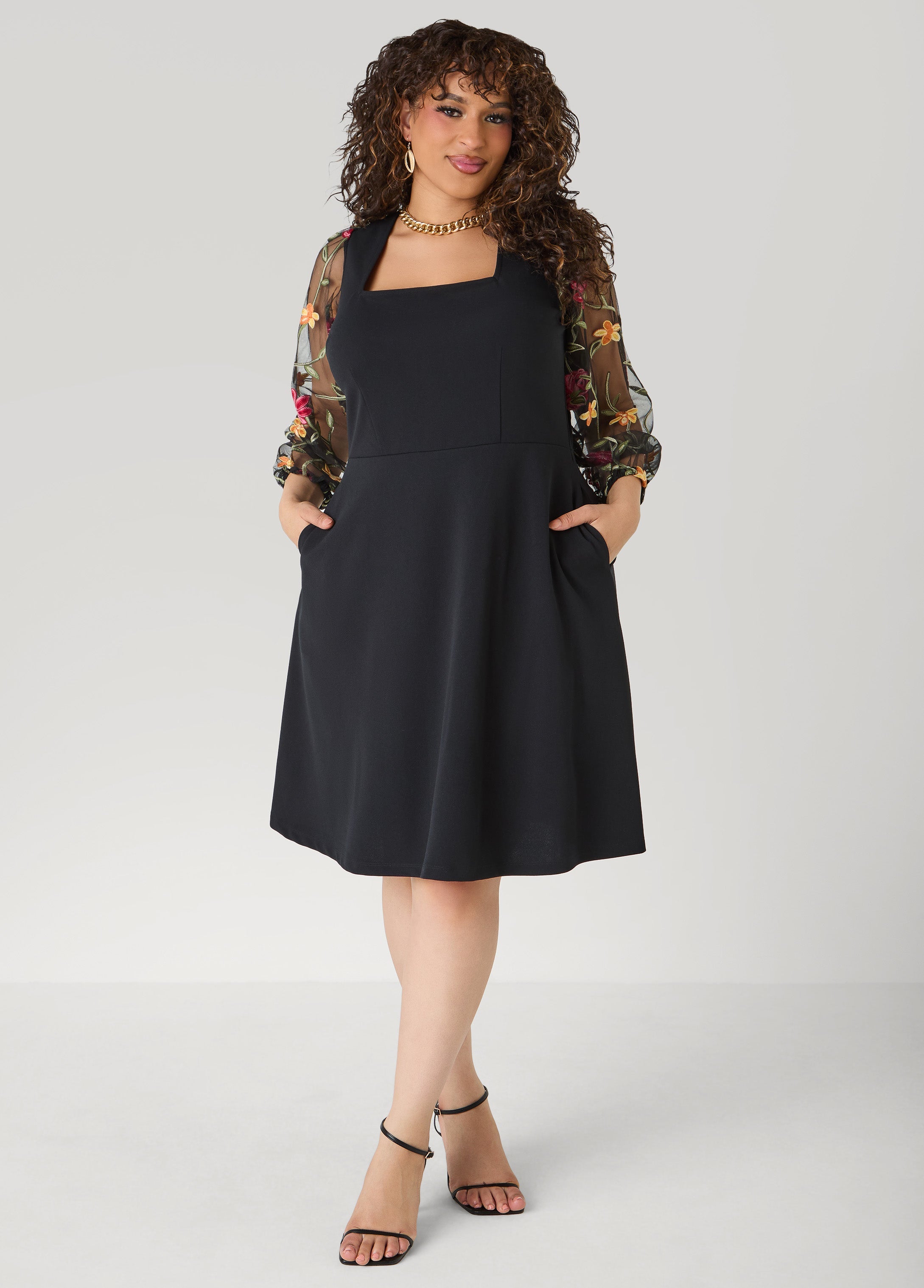 Embroidered Sleeve A Line Dress Black | Ashley Stewart