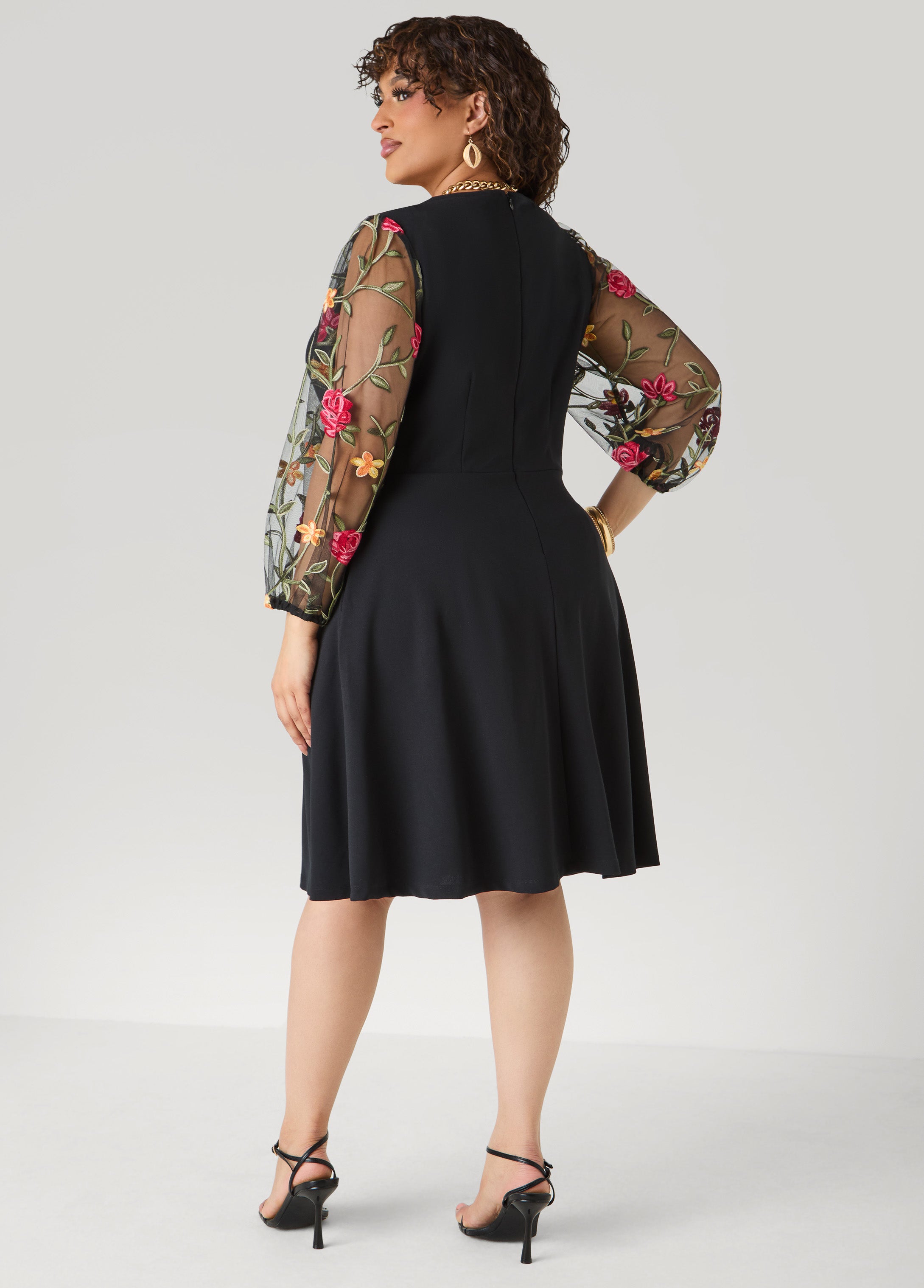 Embroidered Sleeve A Line Dress Black | Ashley Stewart