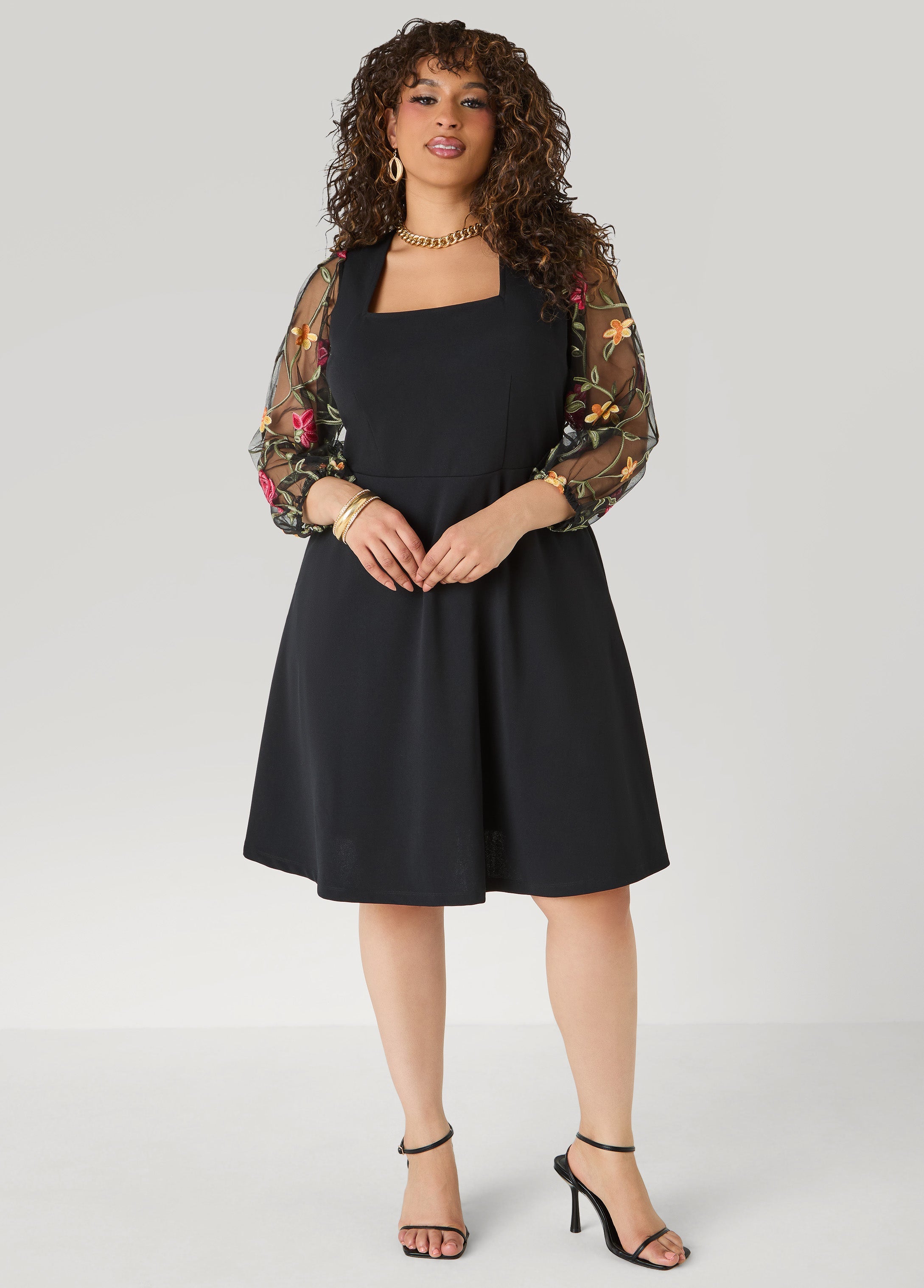 Embroidered Sleeve A Line Dress Black | Ashley Stewart