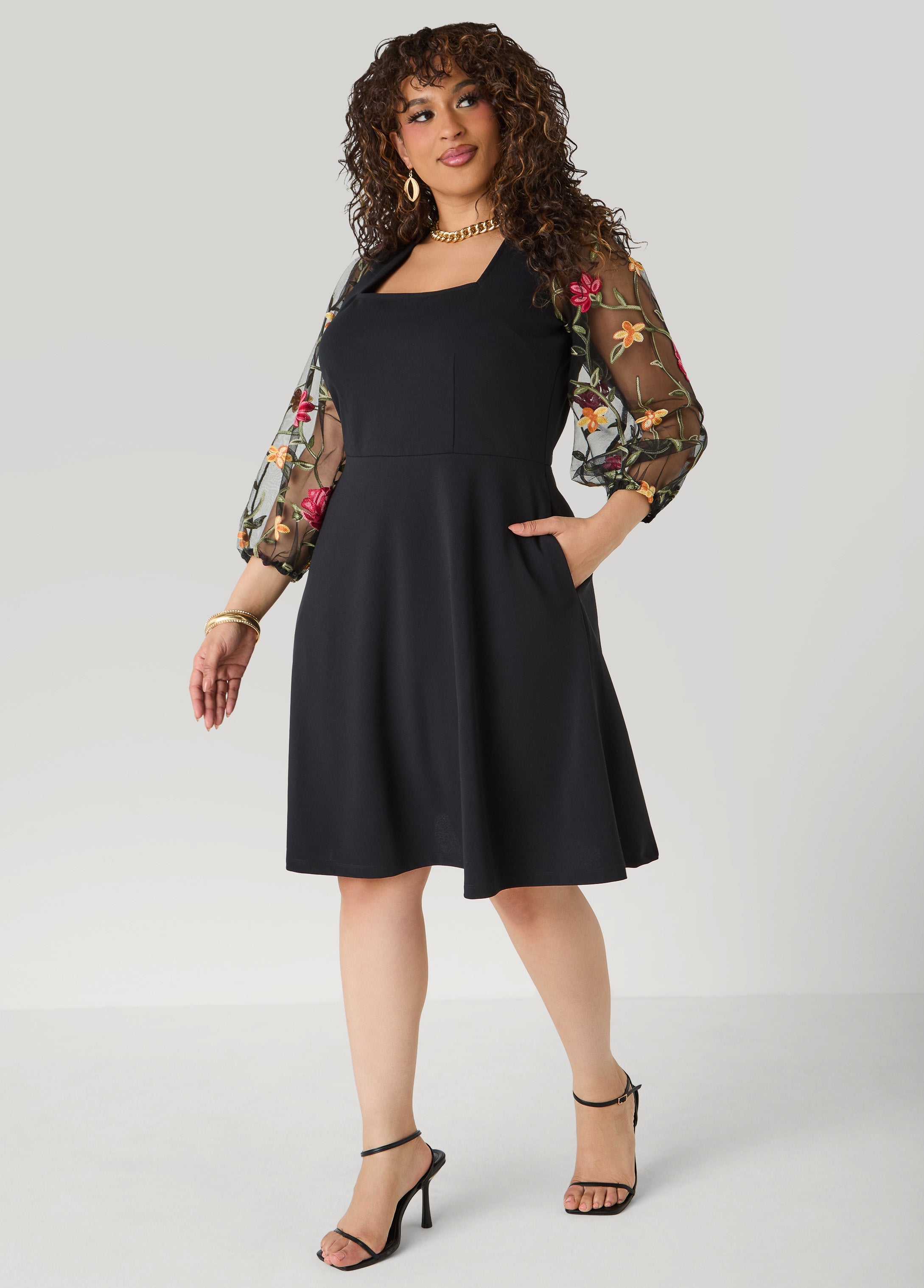 Embroidered Sleeve A Line Dress Black | Ashley Stewart