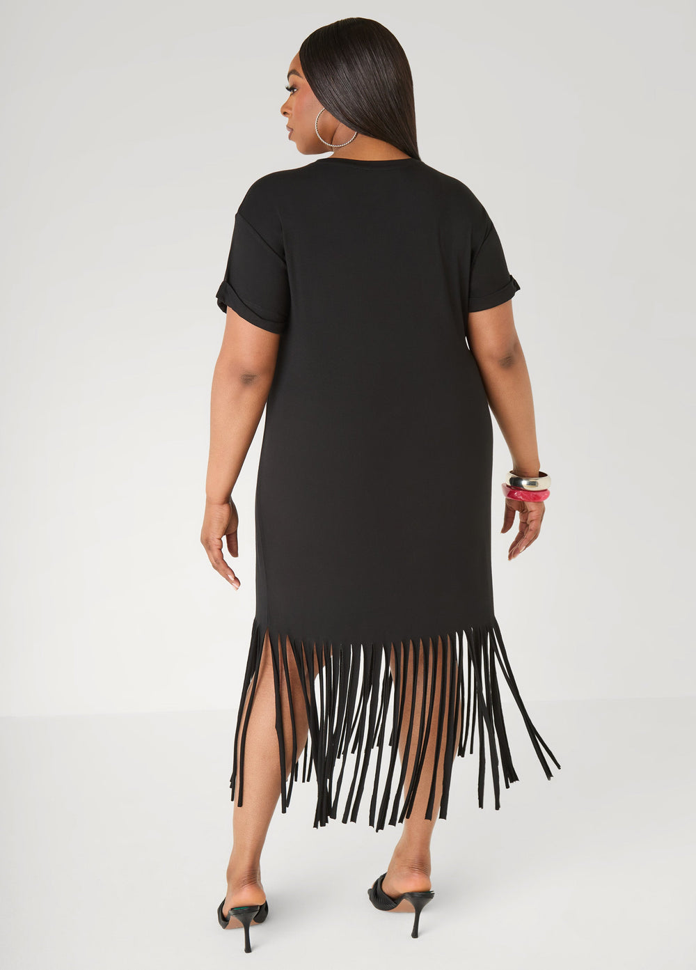 Healing Era Fringed T Shirt Dress Black | Ashley Stewart