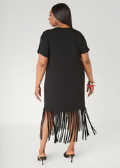 Healing Era Fringed T Shirt Dress Black | Ashley Stewart