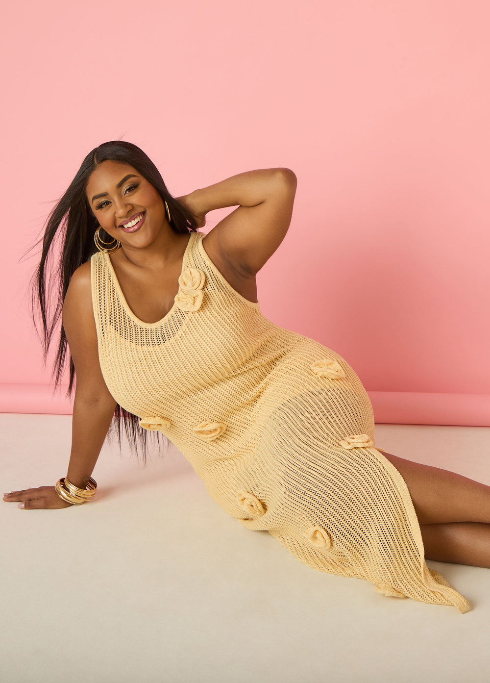 Rosette Crochet Maxi Dress Natural | Ashley Stewart