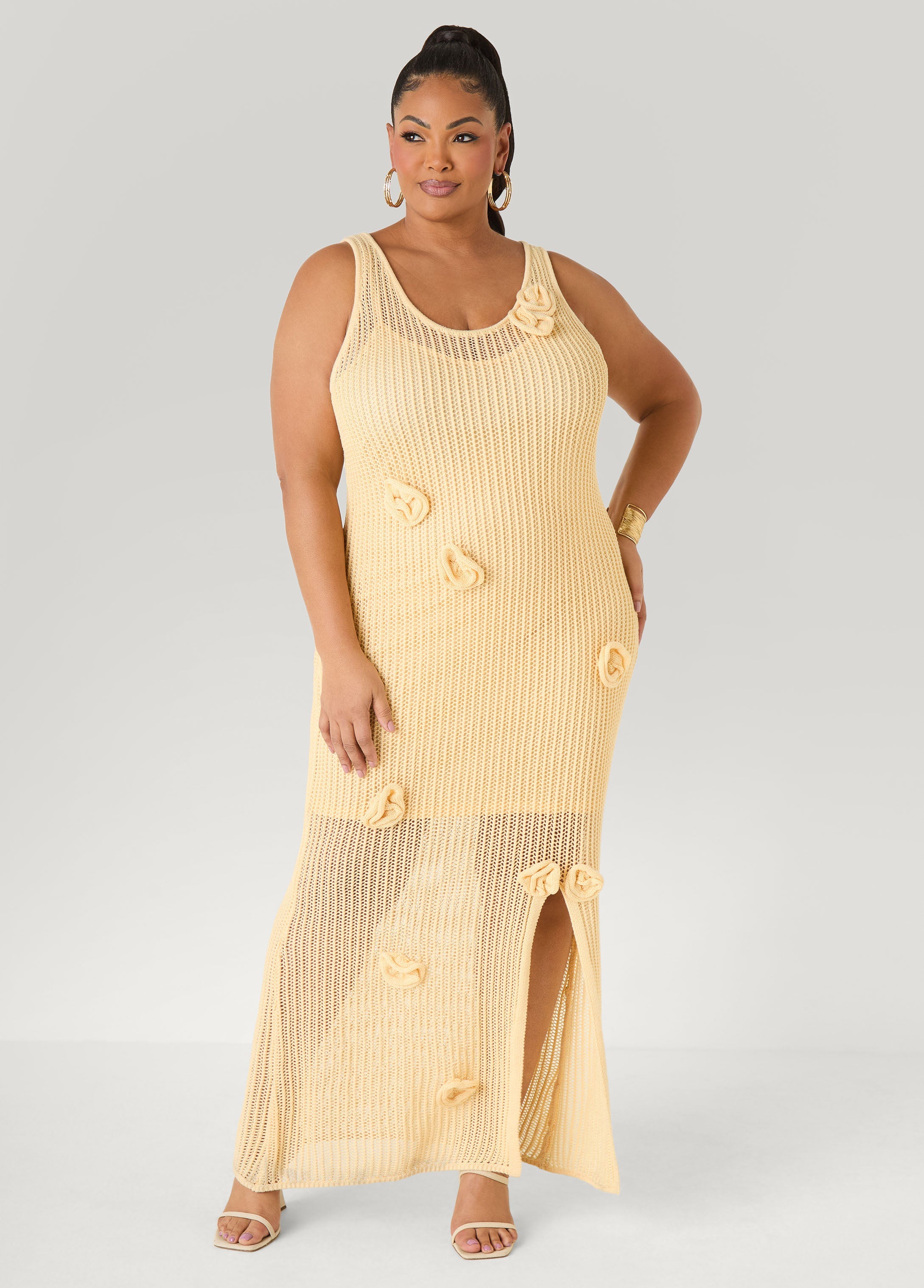 Rosette Crochet Maxi Dress Natural | Ashley Stewart