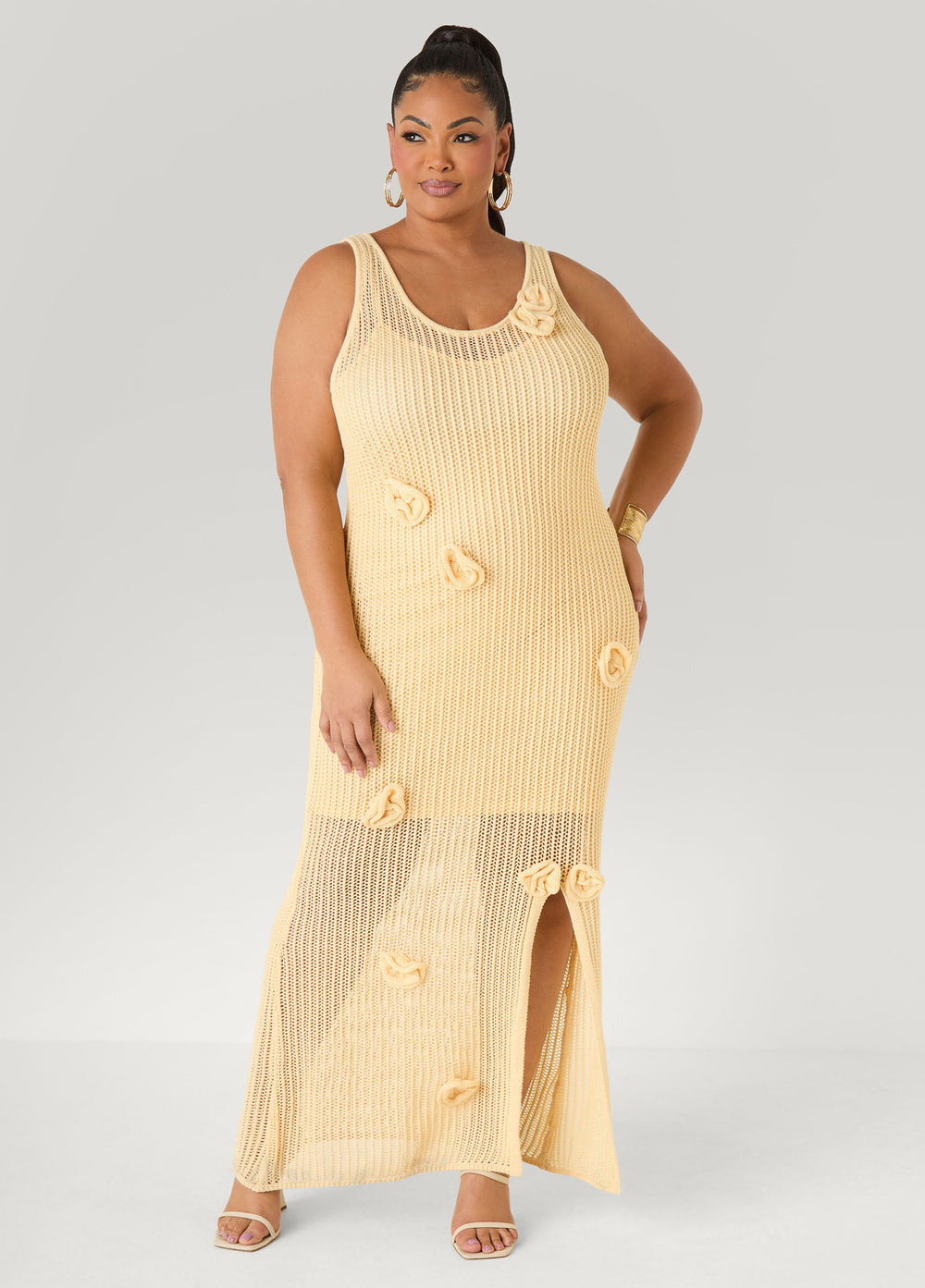 Rosette Crochet Maxi Dress Natural | Ashley Stewart