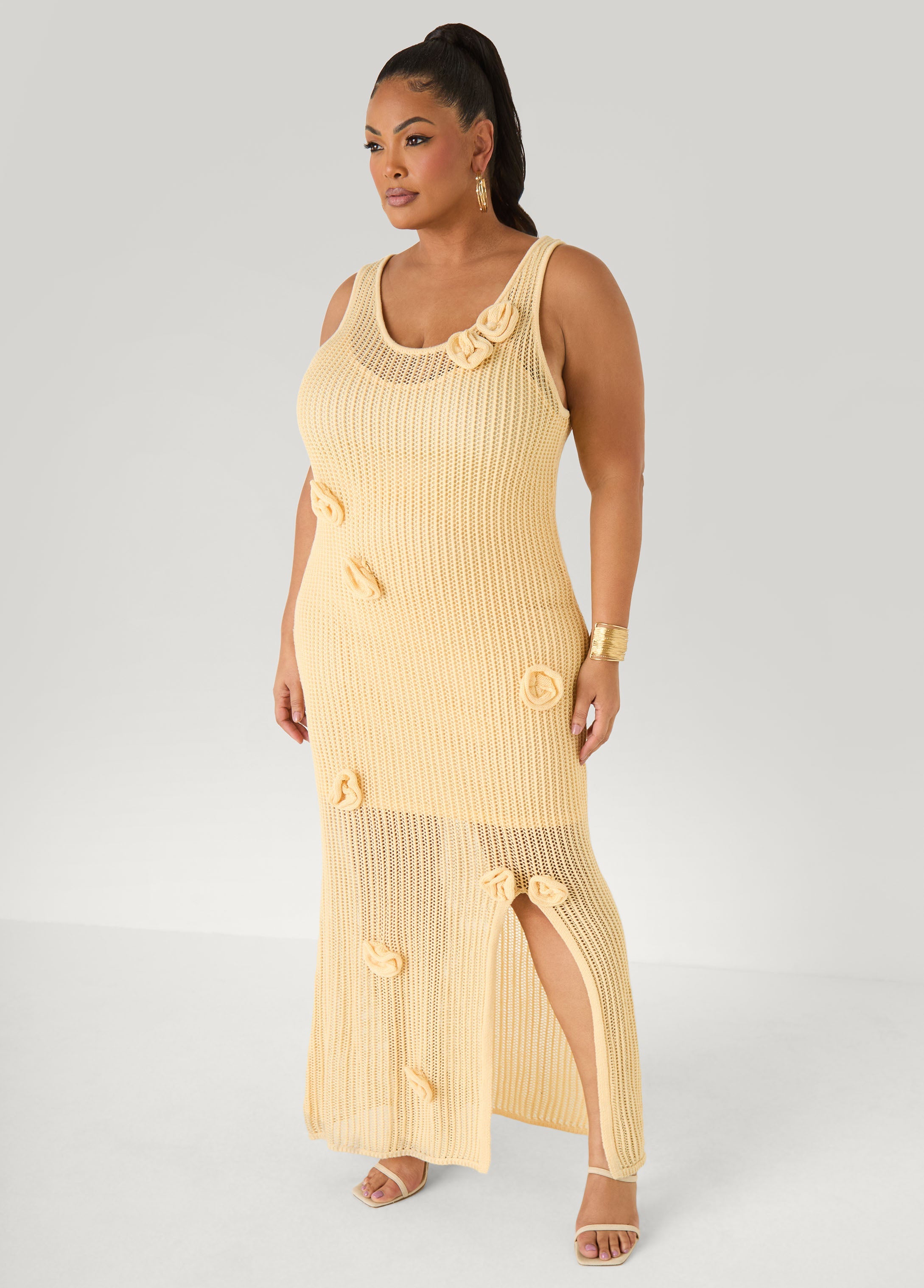 Rosette Crochet Maxi Dress Natural | Ashley Stewart