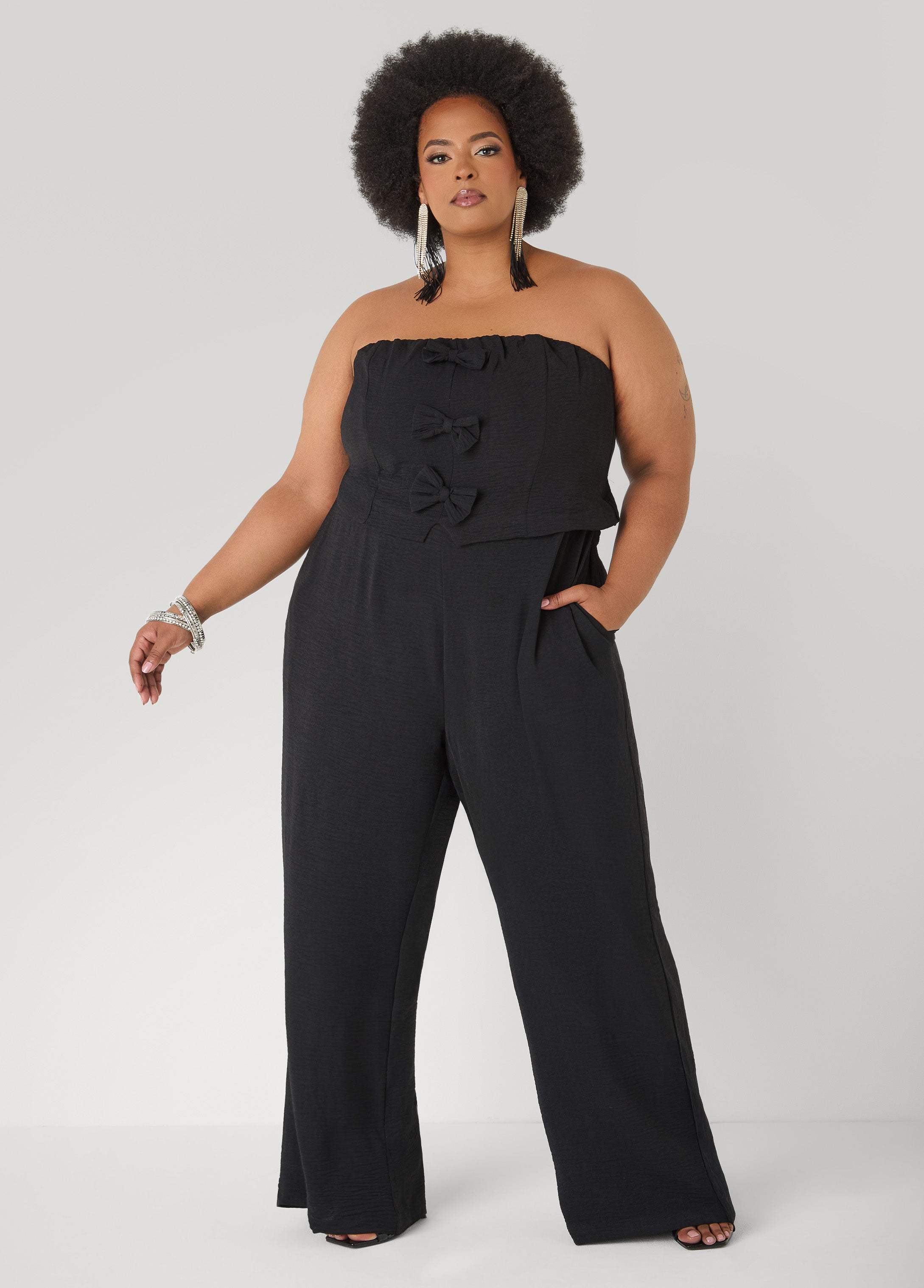 Tall Strapless Bow Embellished Jumpsuit Black | Ashley Stewart