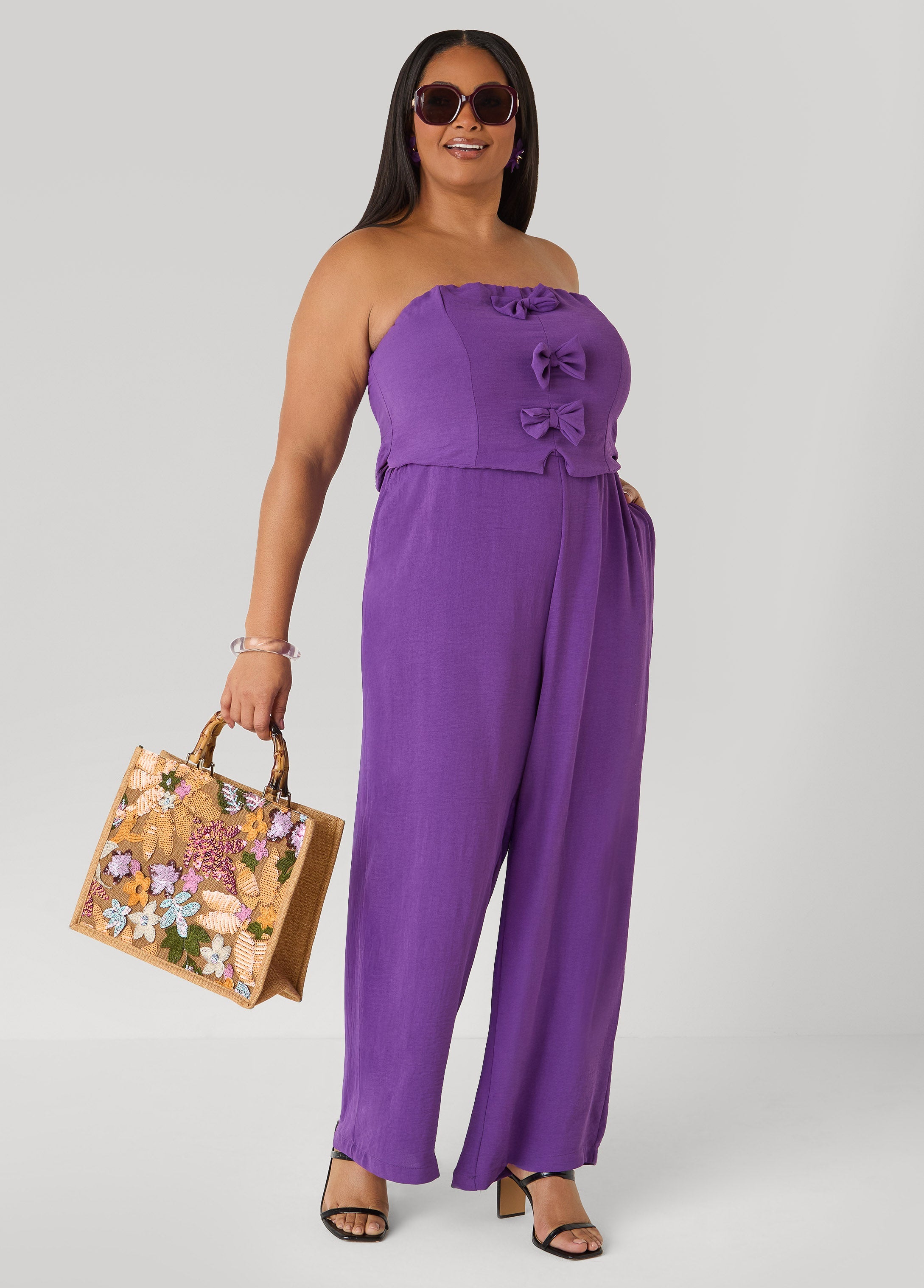 Tall Strapless Bow Embellished Jumpsuit Black | Ashley Stewart