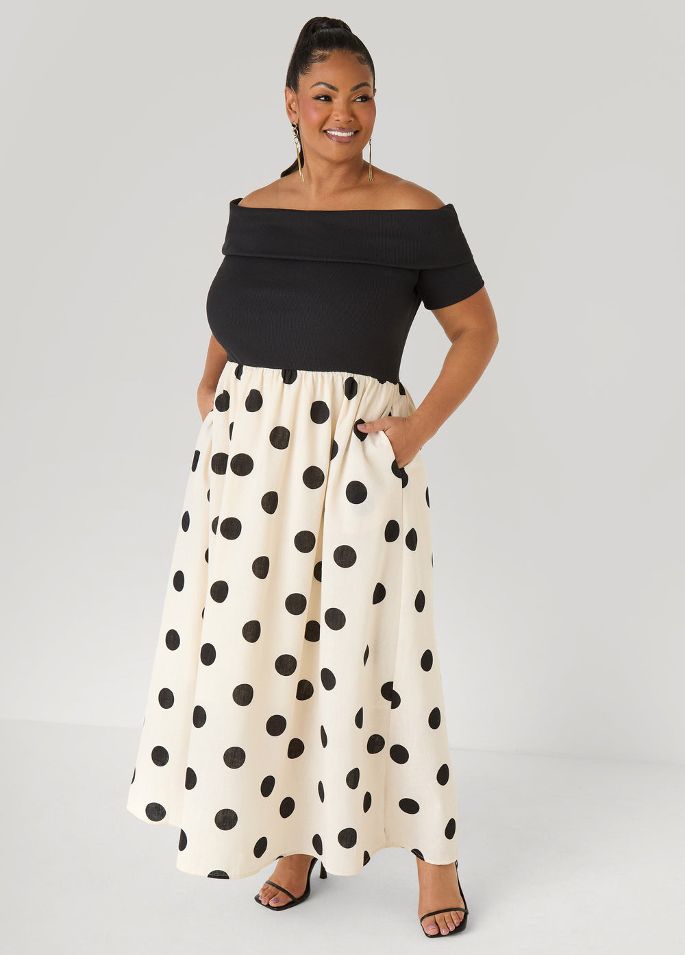 Off The Shoulder Polka Dot Dress White Black | Ashley Stewart