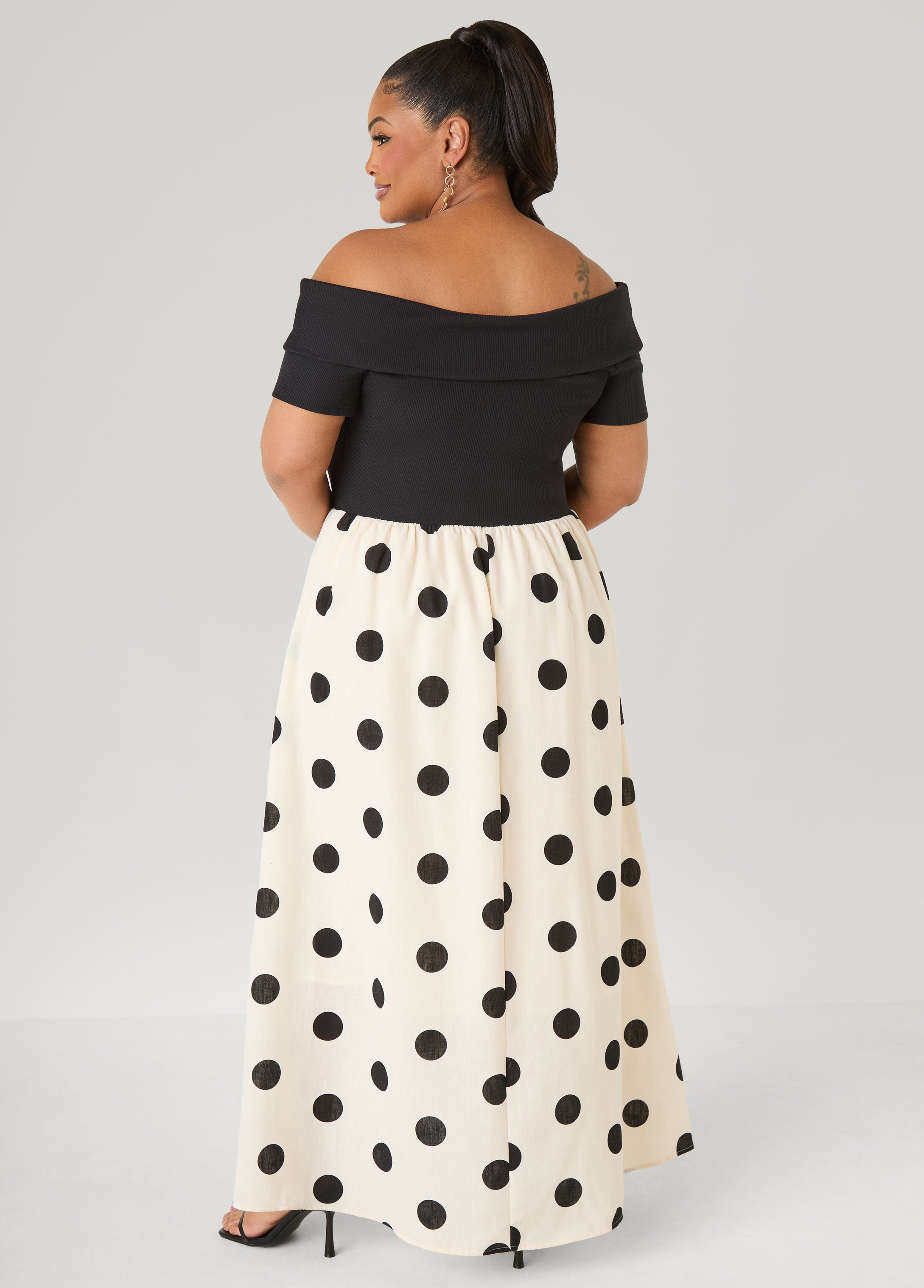 Off The Shoulder Polka Dot Dress White Black | Ashley Stewart