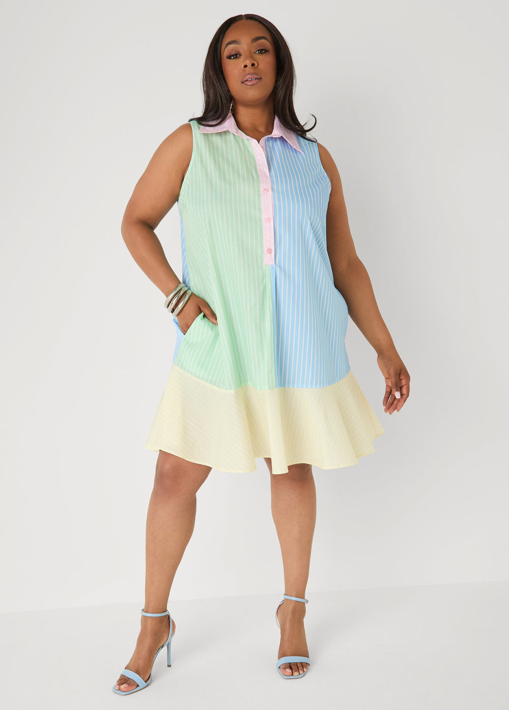 Flounced Colorblock Shirtdress Multi | Ashley Stewart