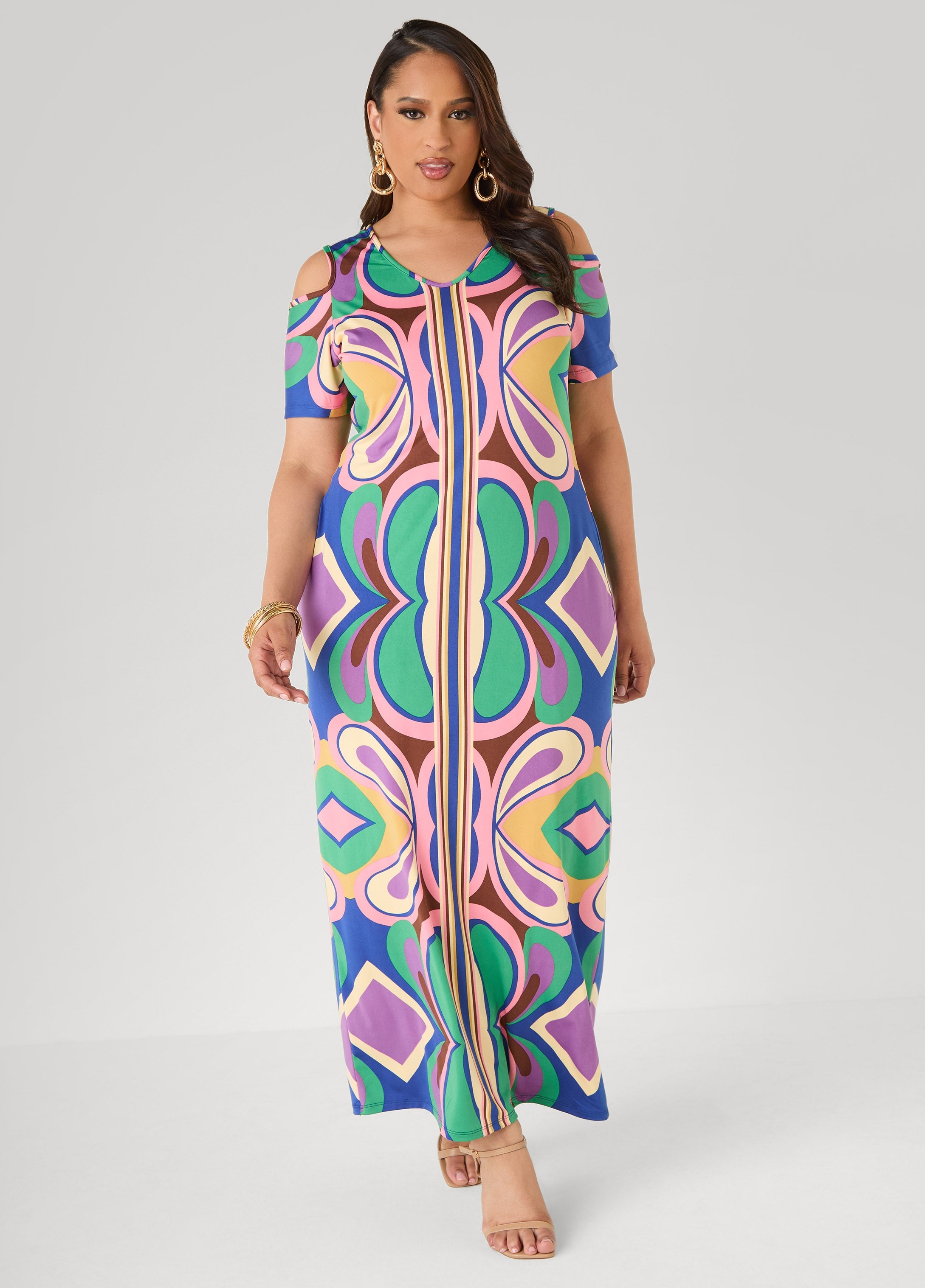 Plus Size Royal Blue Maxi Dress | Psychedelic Cold Shoulder Multi | Ashley Stewart