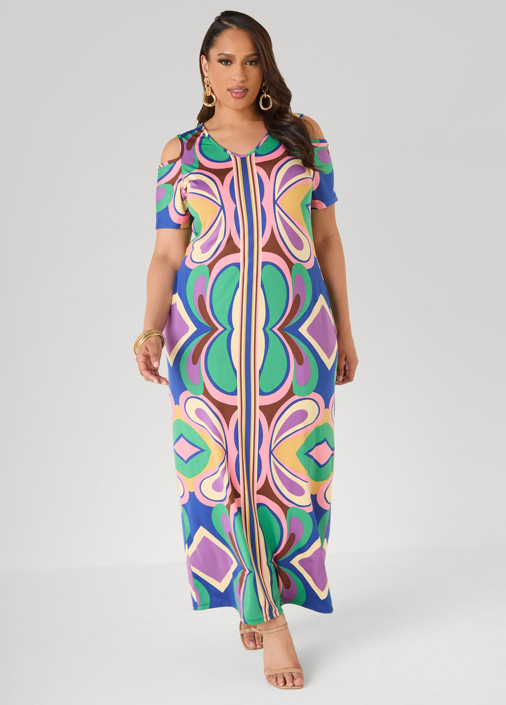 Plus Size Royal Blue Maxi Dress | Psychedelic Cold Shoulder Multi | Ashley Stewart