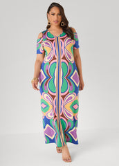 Plus Size Royal Blue Maxi Dress | Psychedelic Cold Shoulder Multi | Ashley Stewart
