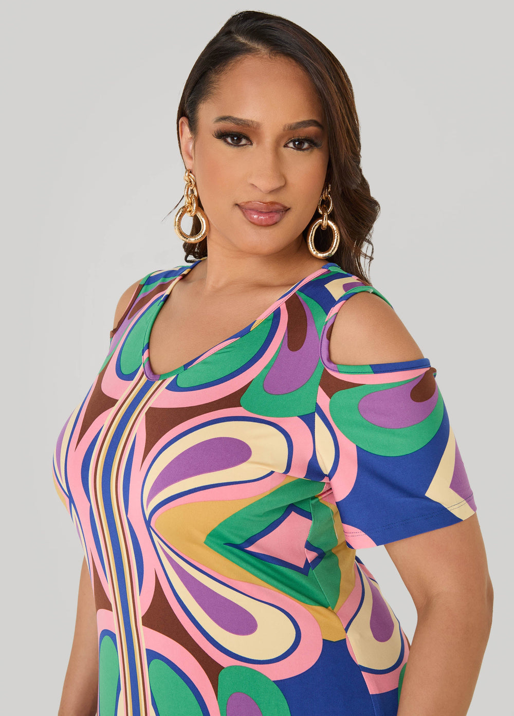 Plus Size Royal Blue Maxi Dress | Psychedelic Cold Shoulder Multi | Ashley Stewart