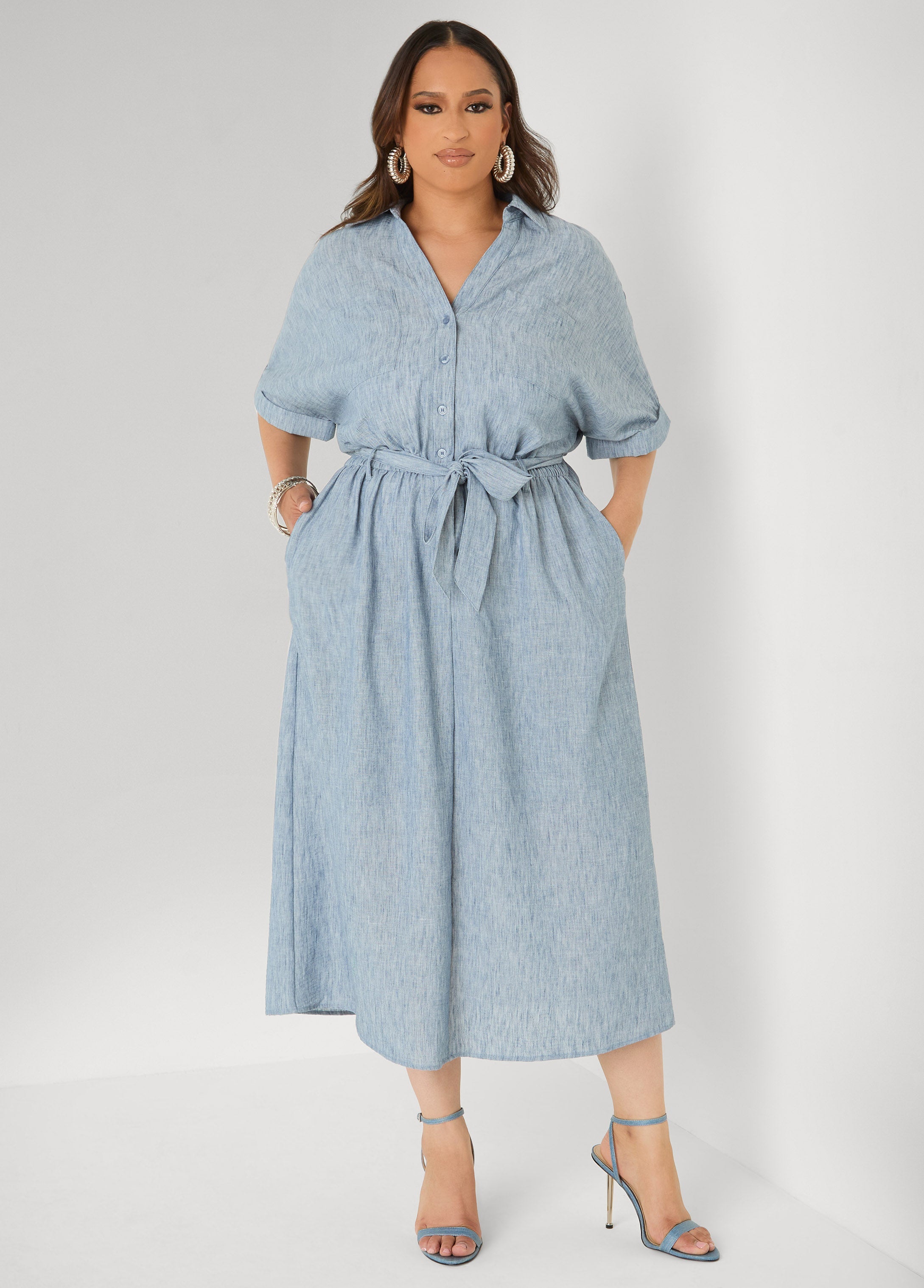 Plus Size Collared Shirtdress | Relaxed Midi Tie Waist in Sage & Chambray Blue Navy | Ashley Stewart