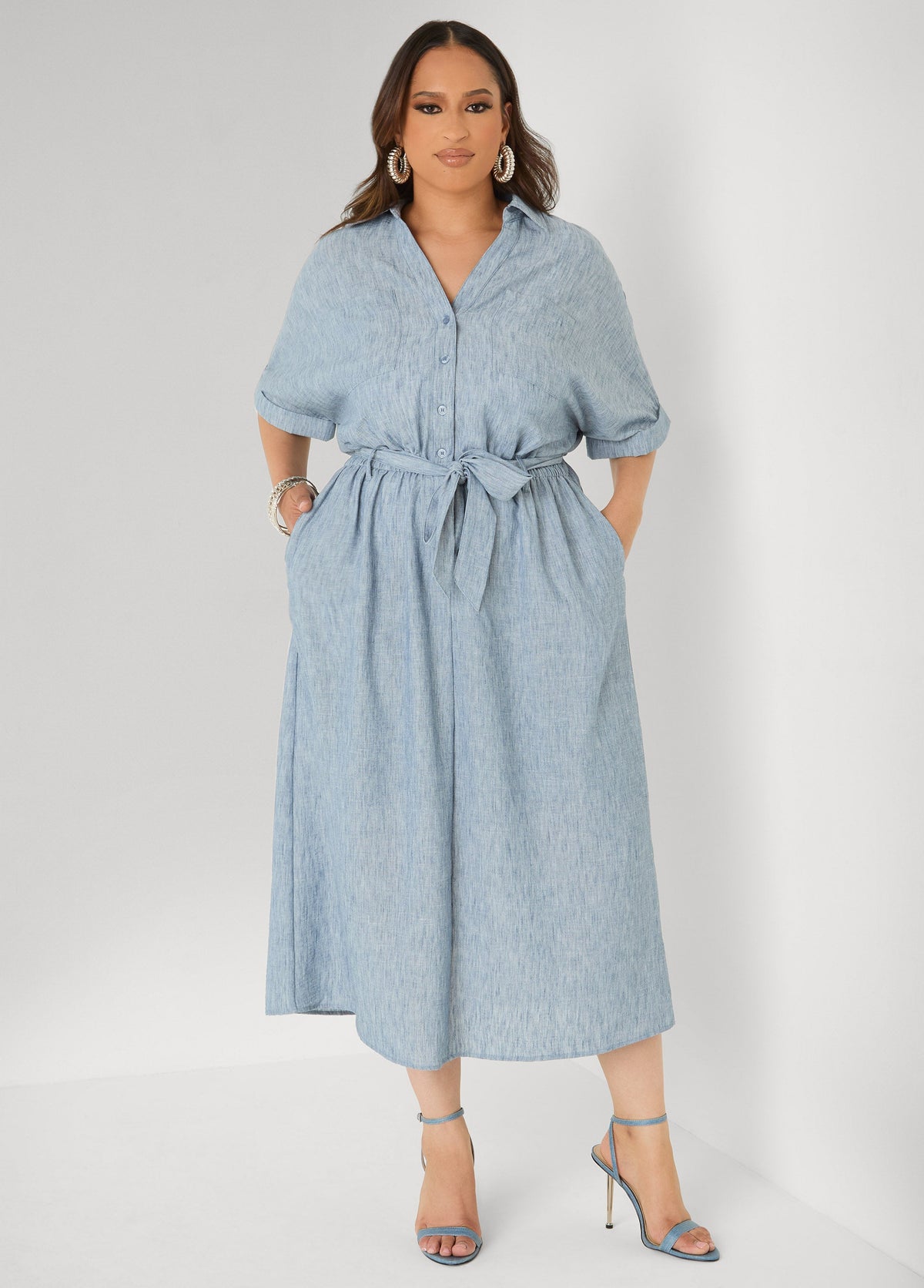Plus Size Collared Shirtdress | Relaxed Midi Tie Waist in Sage & Chambray Blue Navy | Ashley Stewart