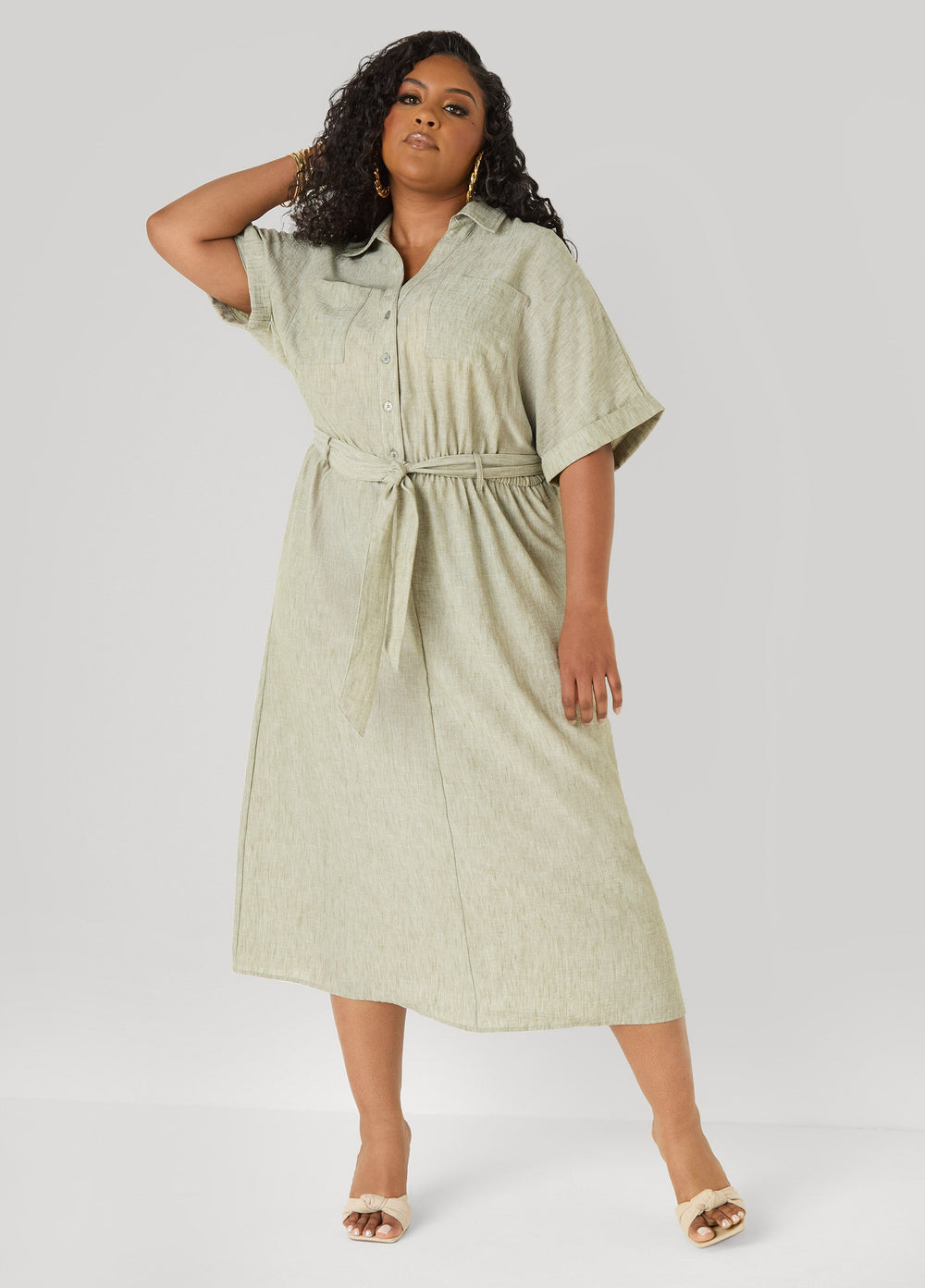 Plus Size Collared Shirtdress | Relaxed Midi Tie Waist in Sage & Chambray Blue Navy | Ashley Stewart