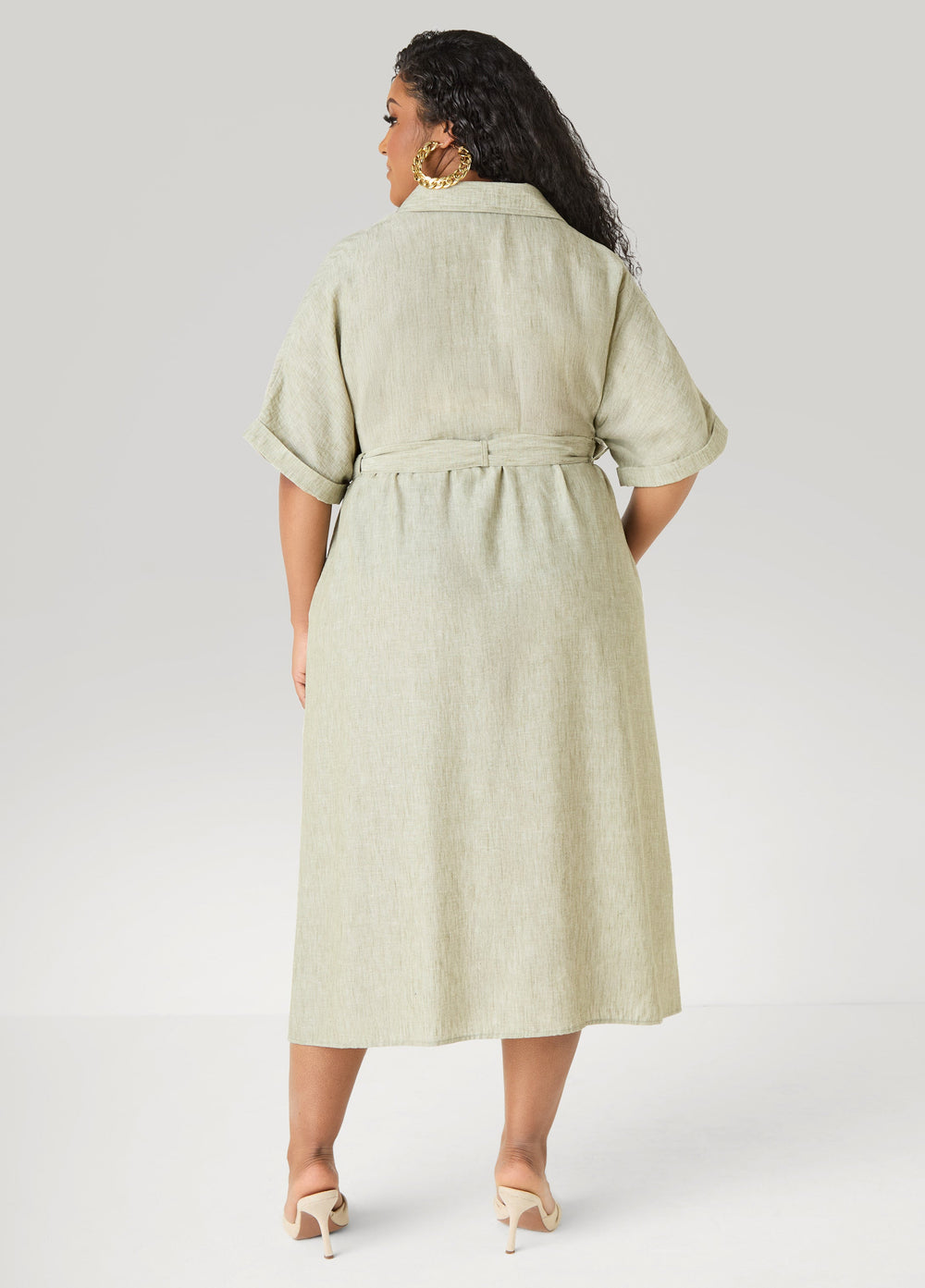 Plus Size Collared Shirtdress | Relaxed Midi Tie Waist in Sage & Chambray Blue Navy | Ashley Stewart