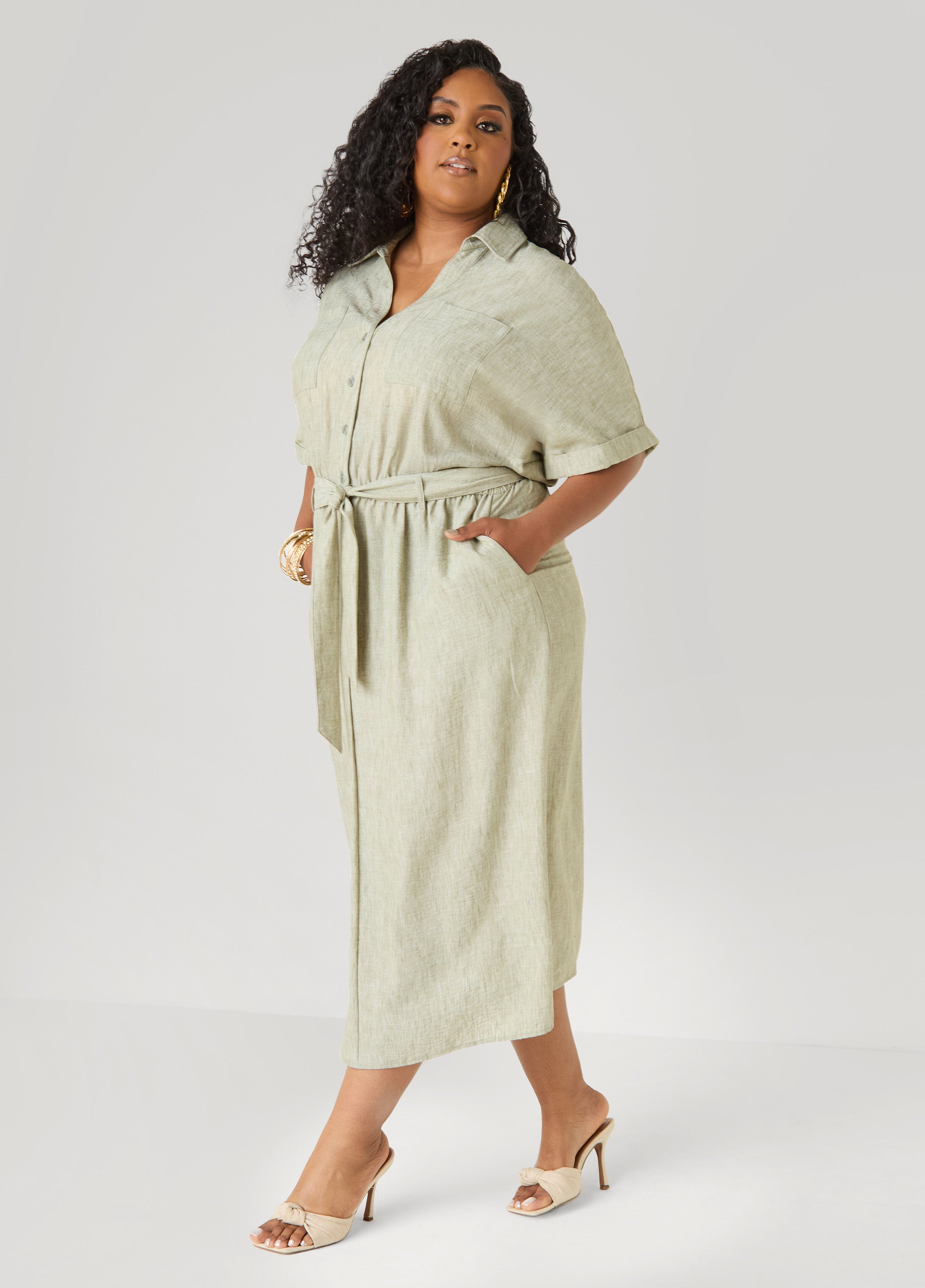 Plus Size Collared Shirtdress | Relaxed Midi Tie Waist in Sage & Chambray Blue Navy | Ashley Stewart