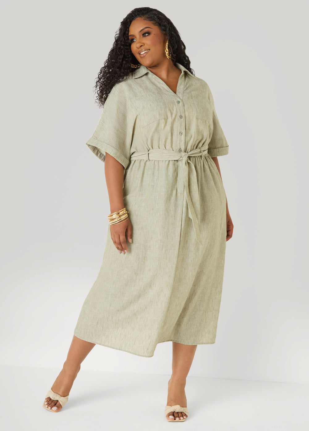 Plus Size Collared Shirtdress | Relaxed Midi Tie Waist in Sage & Chambray Blue Navy | Ashley Stewart