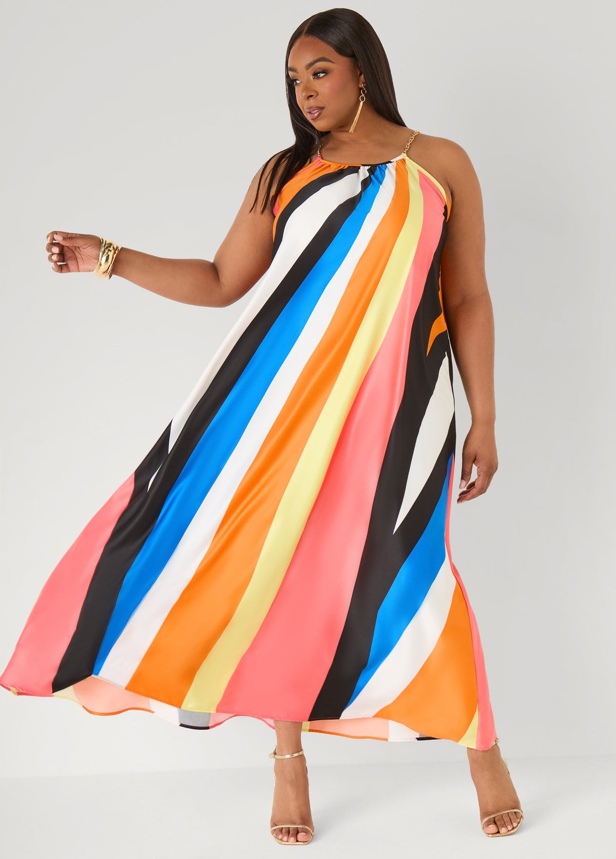 Chain Trimmed Striped Maxi Dress Multi | Ashley Stewart