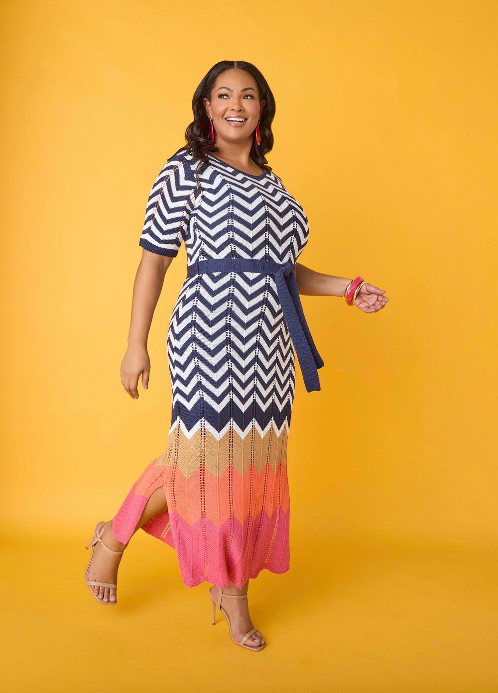 Zig Zag Pointelle Maxi Dress Peacoat | Ashley Stewart