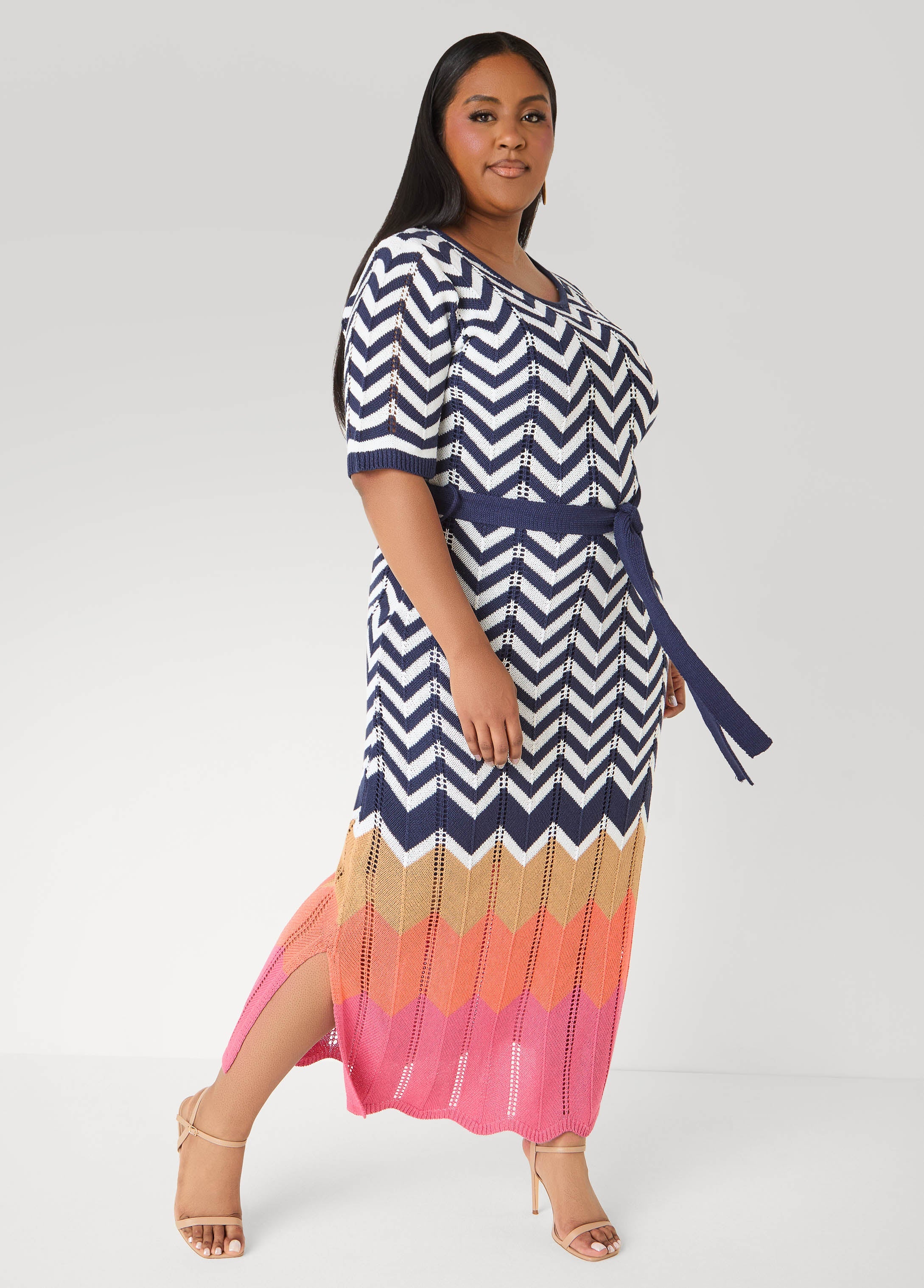 Zig Zag Pointelle Maxi Dress Peacoat | Ashley Stewart