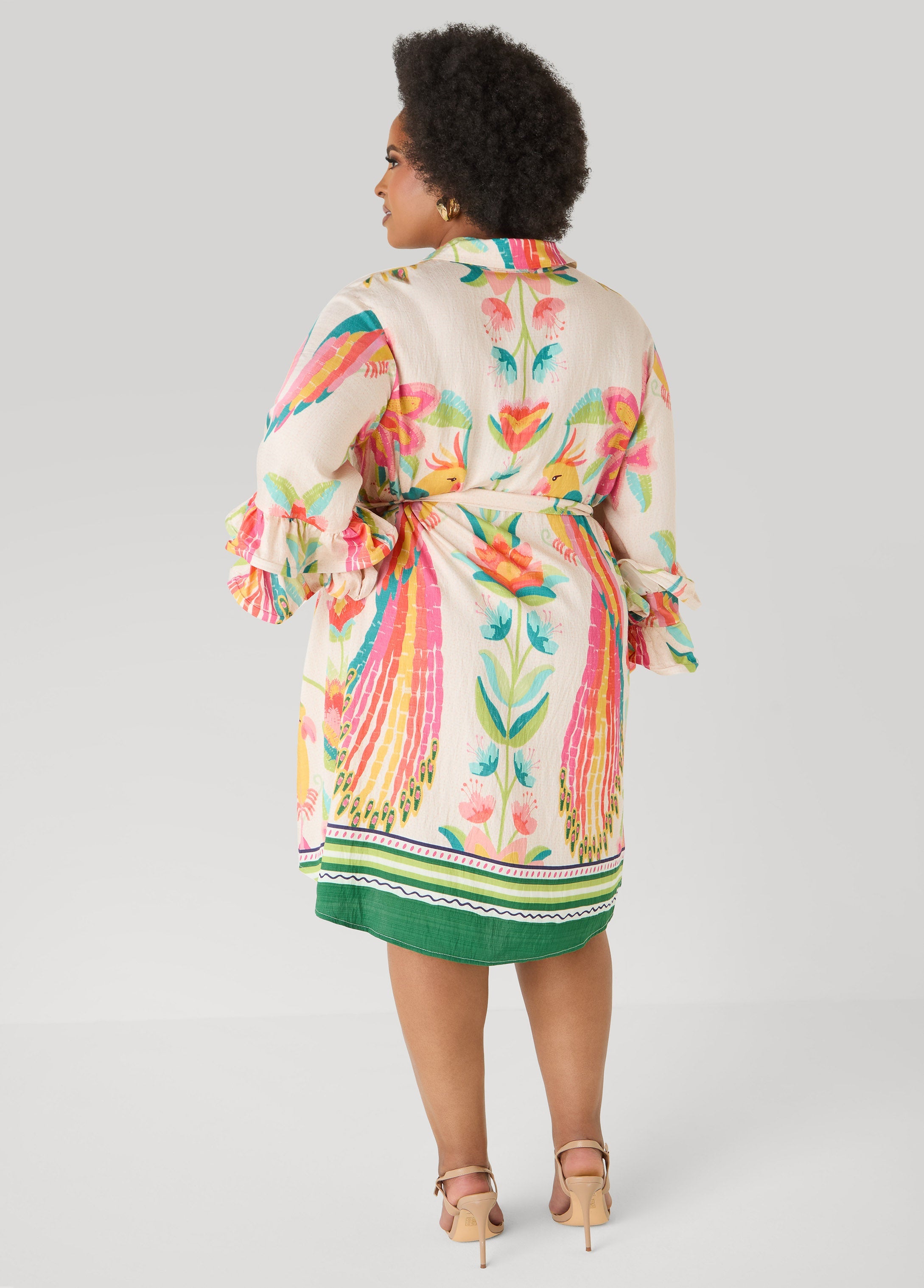 Ruffled Parrot Print Shirtdress Multi | Ashley Stewart