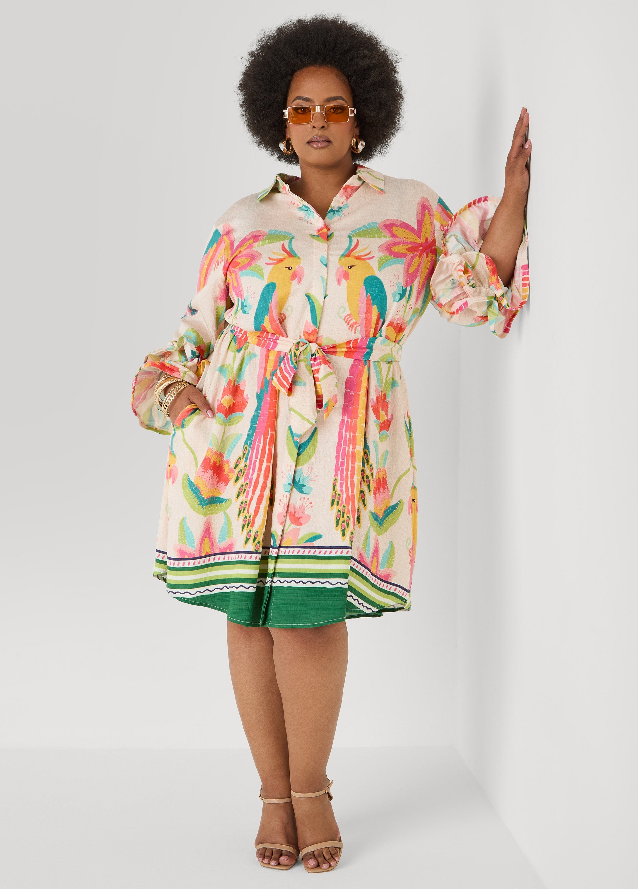 Ruffled Parrot Print Shirtdress Multi | Ashley Stewart